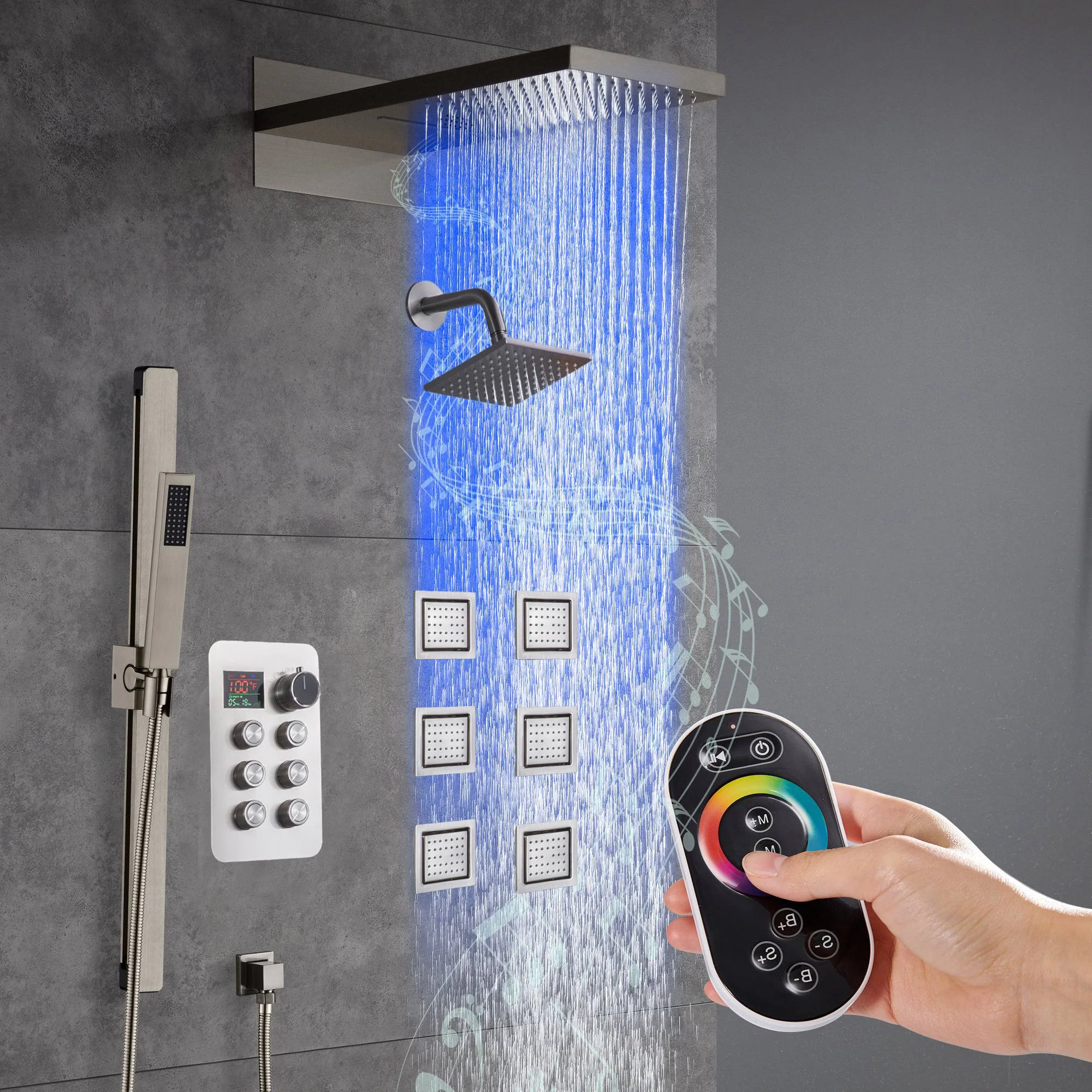 22" Rainfall Waterfall 64 Led Light and Bluetooth Music Shower System with 6-Way Thermostatic Faucet, Single Regular Head,6 Body Jets - Image 15