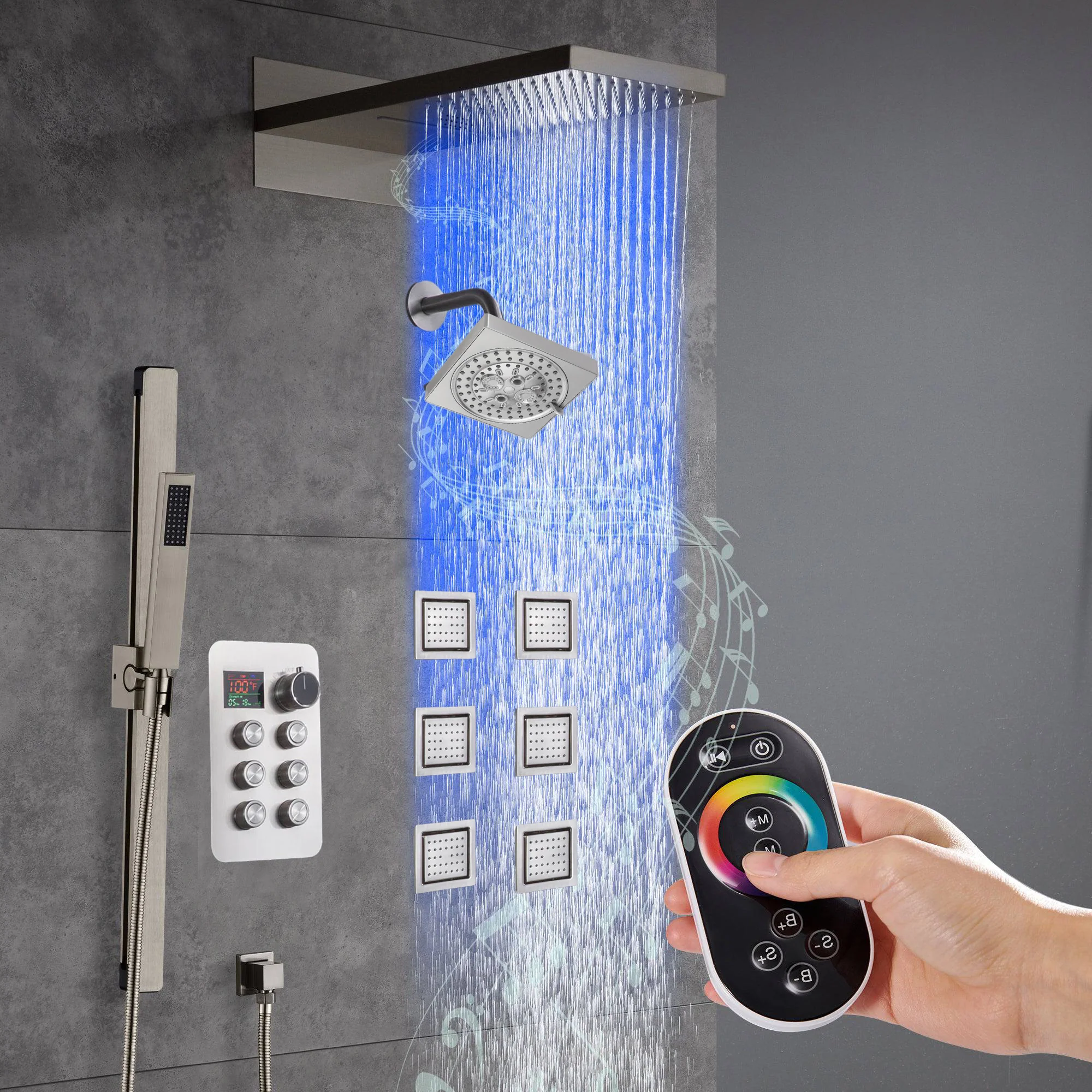 22" Rainfall Waterfall 64 Led Light and Bluetooth Music Shower System with 6-Way Thermostatic Faucet, Single Regular Head,6 Body Jets - Image 16
