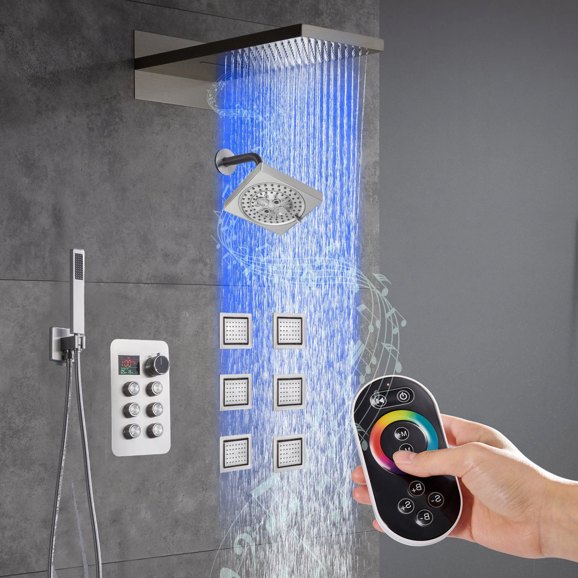 22" Rainfall Waterfall 64 Led Light and Bluetooth Music Shower System with 6-Way Thermostatic Faucet, Single Regular Head,6 Body Jets - Image 17