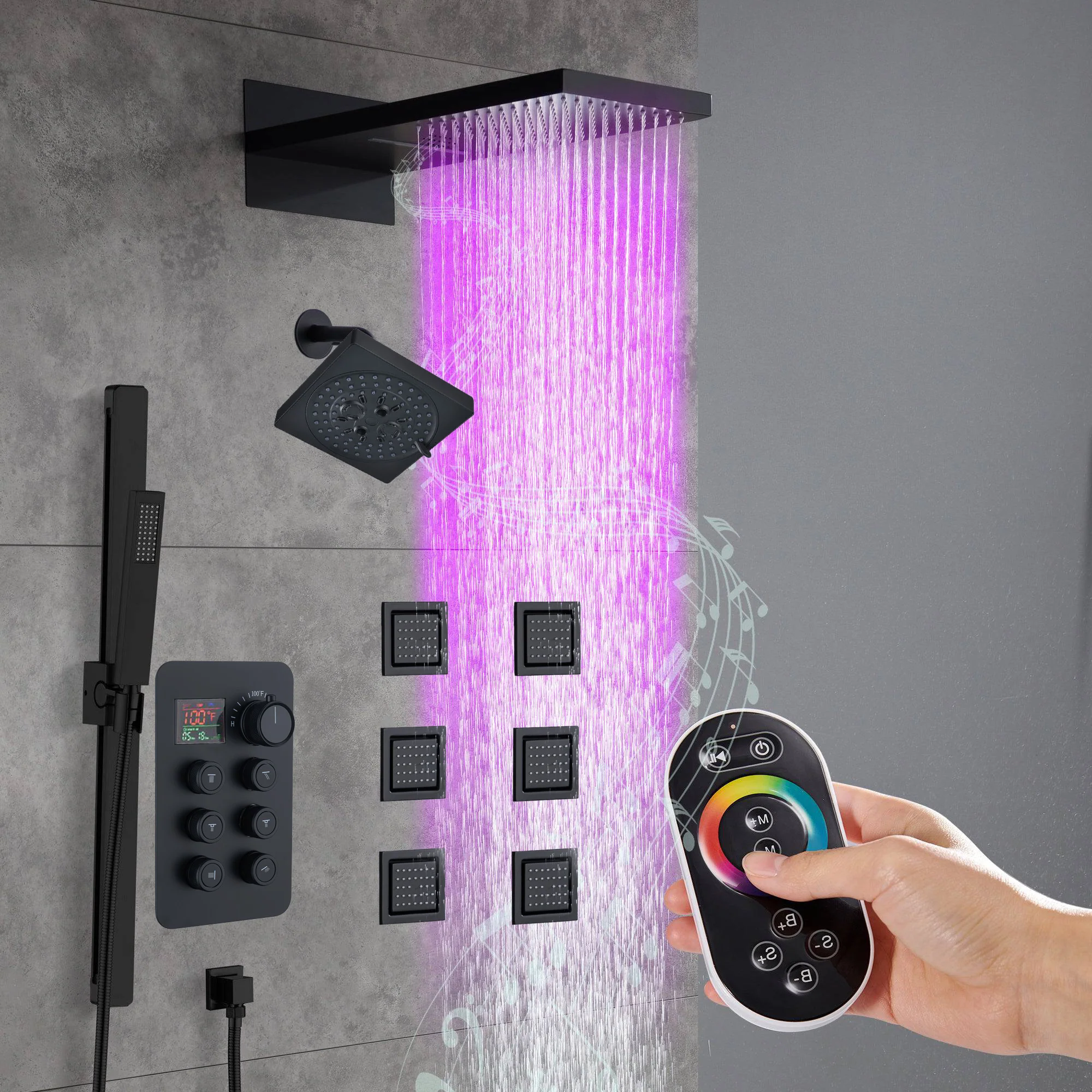 22" Rainfall Waterfall 64 Led Light and Bluetooth Music Shower System with 6-Way Thermostatic Faucet, Single Regular Head,6 Body Jets - Image 2