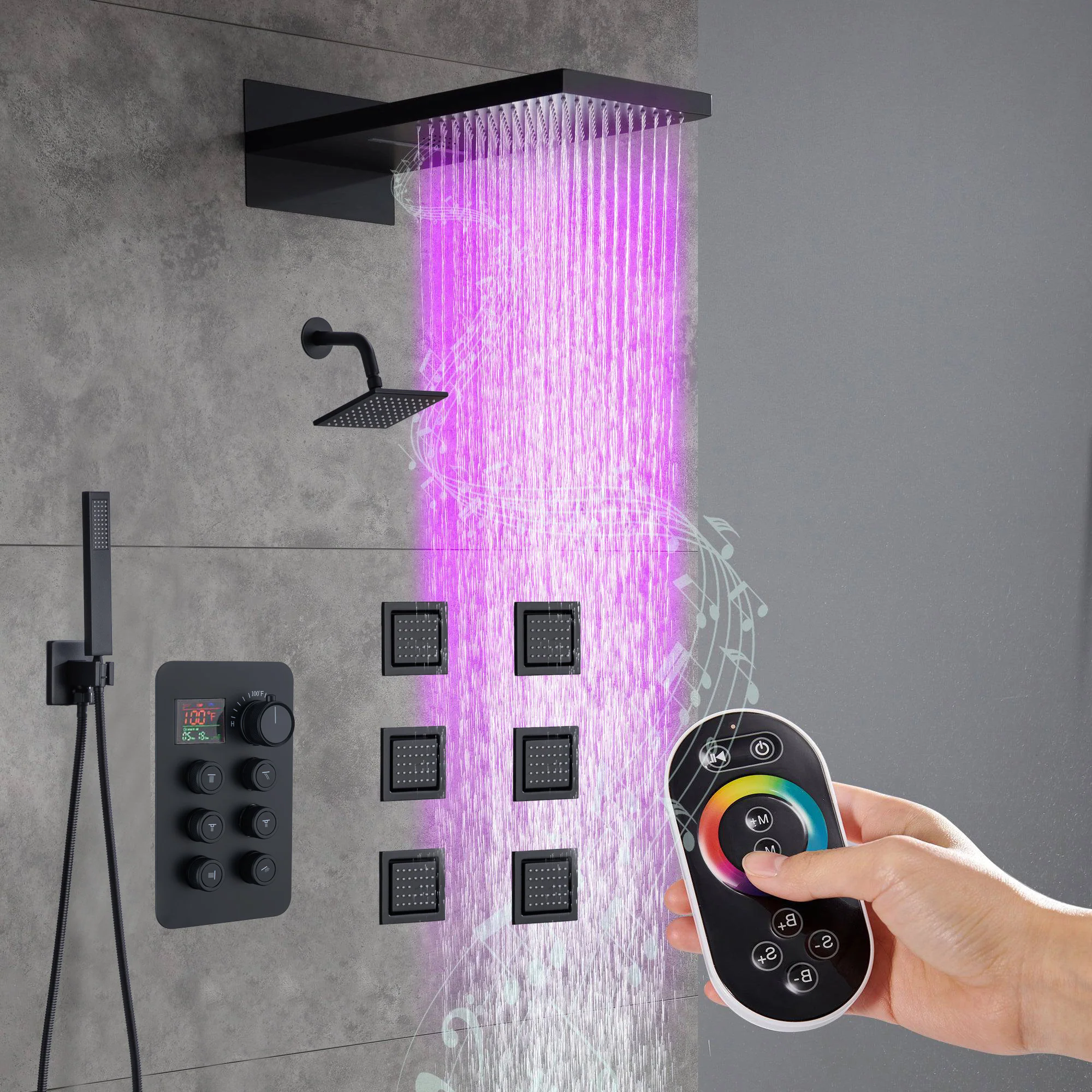 22" Rainfall Waterfall 64 Led Light and Bluetooth Music Shower System with 6-Way Thermostatic Faucet, Single Regular Head,6 Body Jets - Image 3