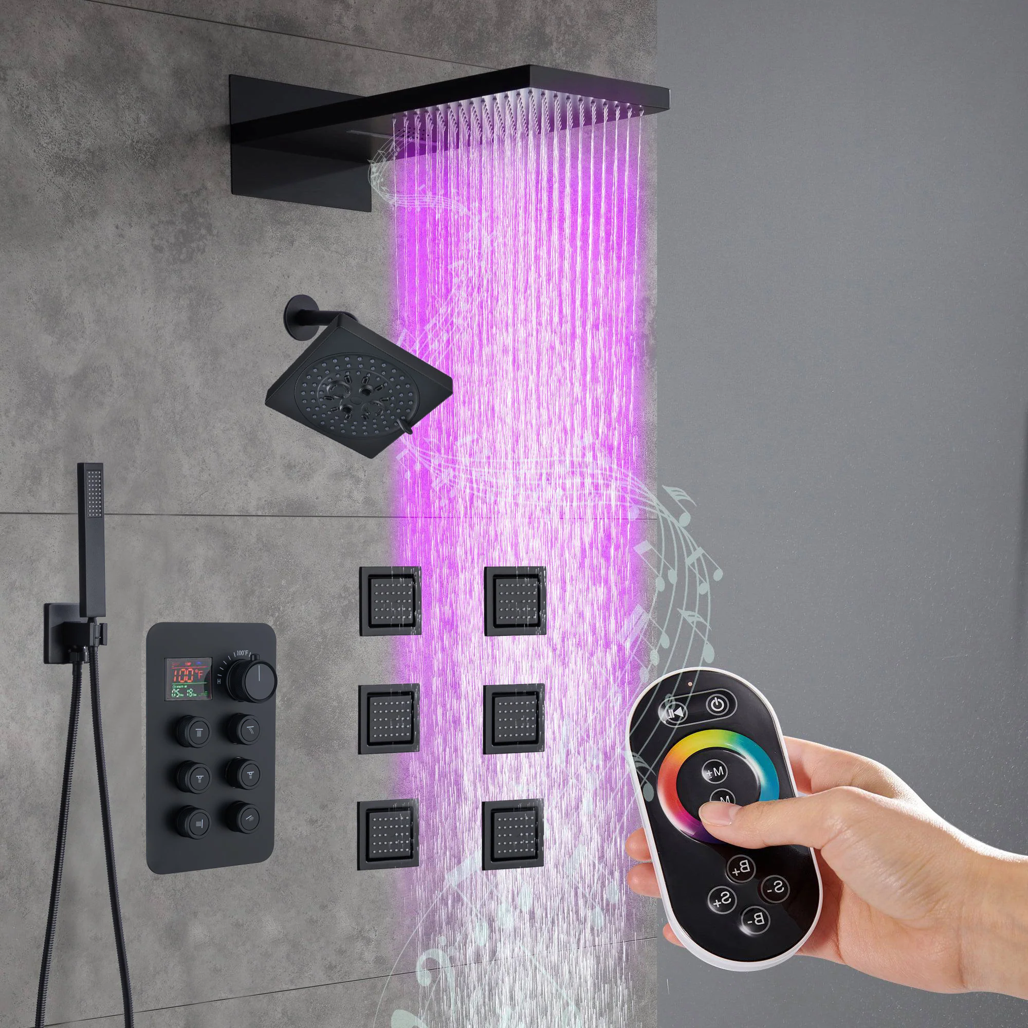 22" Rainfall Waterfall 64 Led Light and Bluetooth Music Shower System with 6-Way Thermostatic Faucet, Single Regular Head,6 Body Jets - Image 4