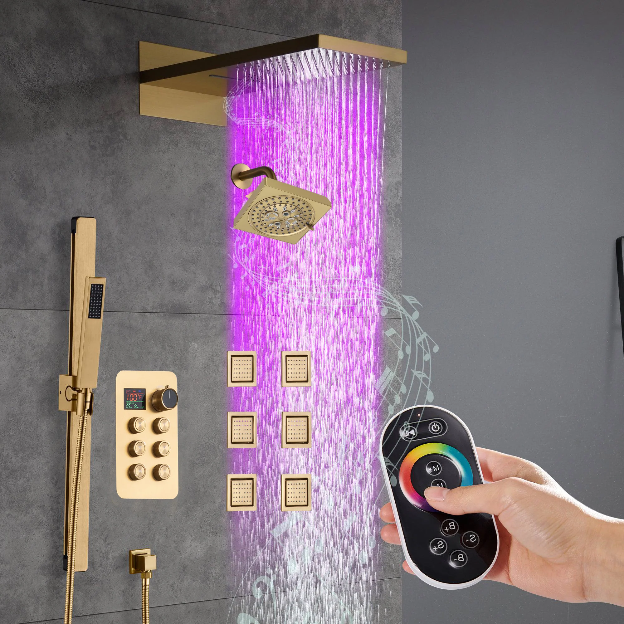 22" Rainfall Waterfall 64 Led Light and Bluetooth Music Shower System with 6-Way Thermostatic Faucet, Single Regular Head,6 Body Jets - Image 7