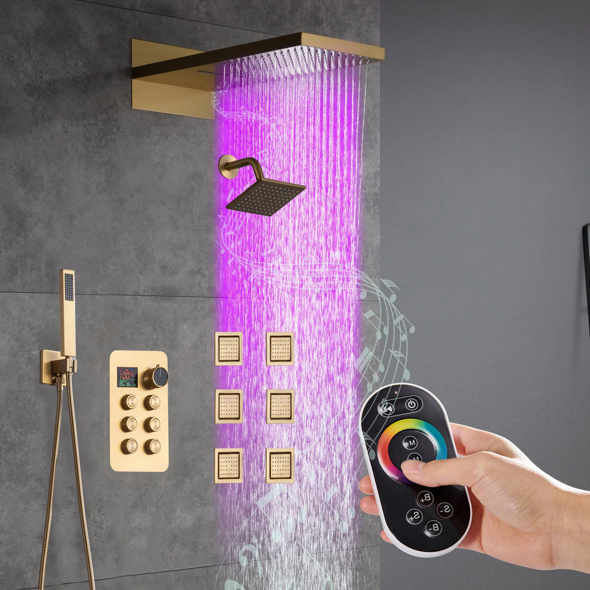 22" Rainfall Waterfall 64 Led Light and Bluetooth Music Shower System with 6-Way Thermostatic Faucet, Single Regular Head,6 Body Jets - Image 8