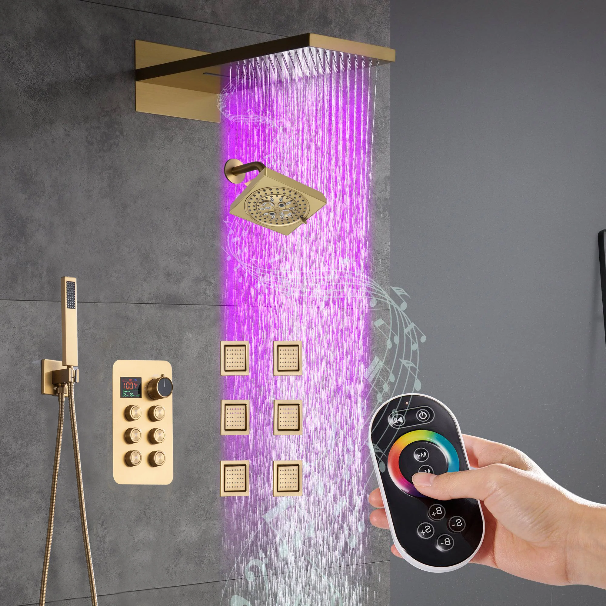 22" Rainfall Waterfall 64 Led Light and Bluetooth Music Shower System with 6-Way Thermostatic Faucet, Single Regular Head,6 Body Jets - Image 9
