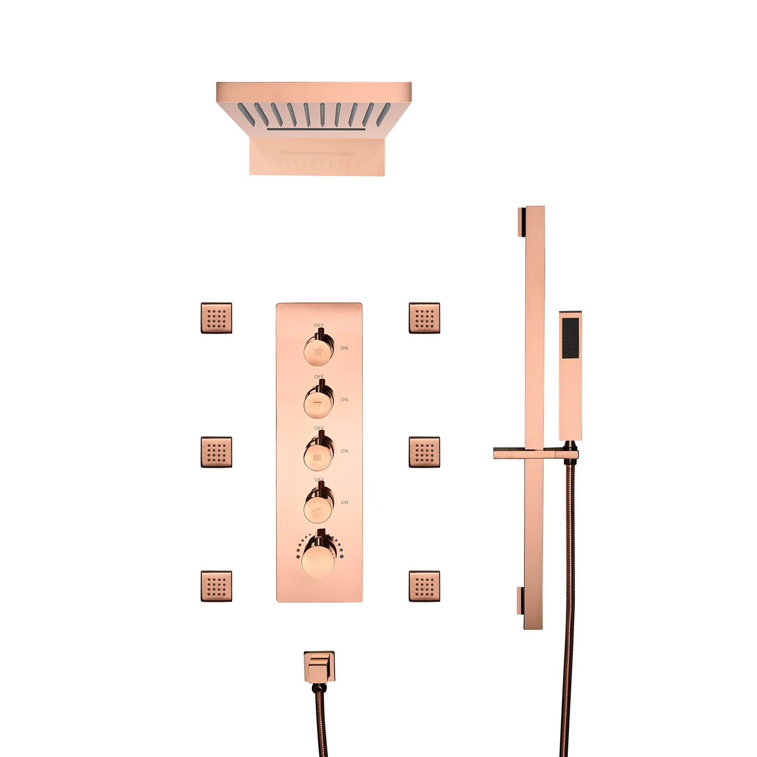 22" Rose Gold 4-Way Thermostatic Shower Faucet with Waterfall, Rain, Massage, Body Jet Spray, and Sliding Bar - Image 3