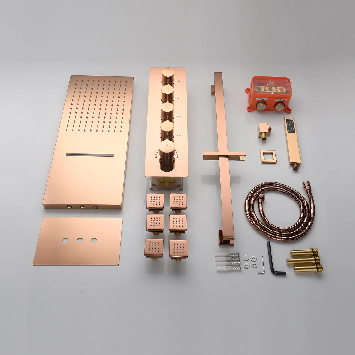 22" Rose Gold 4-Way Thermostatic Shower Faucet with Waterfall, Rain, Massage, Body Jet Spray, and Sliding Bar - Image 4