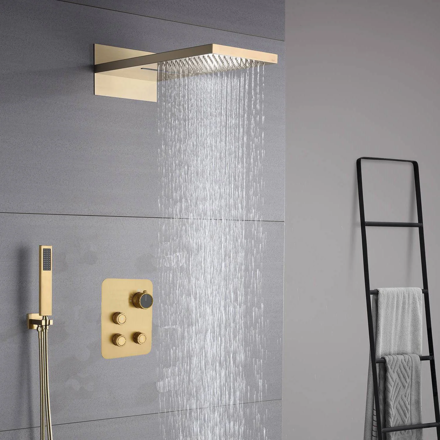 22-Inch Brushed Gold 3 Way Thermostatic Shower Faucet System with Rainfall and Waterfall - Image 3