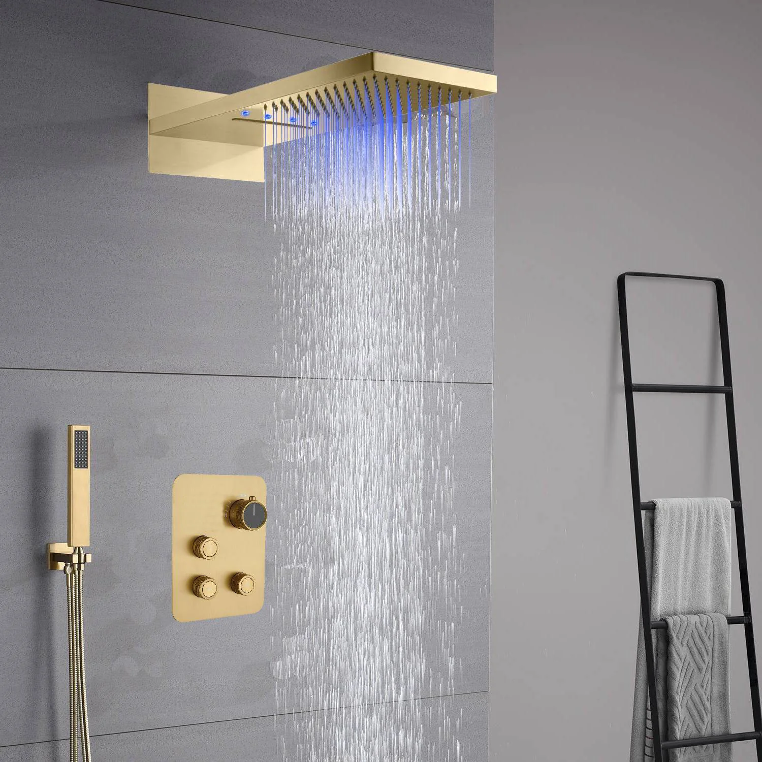 22-Inch Brushed Gold 3 Way Thermostatic Shower Faucet System with Rainfall and Waterfall - Image 4