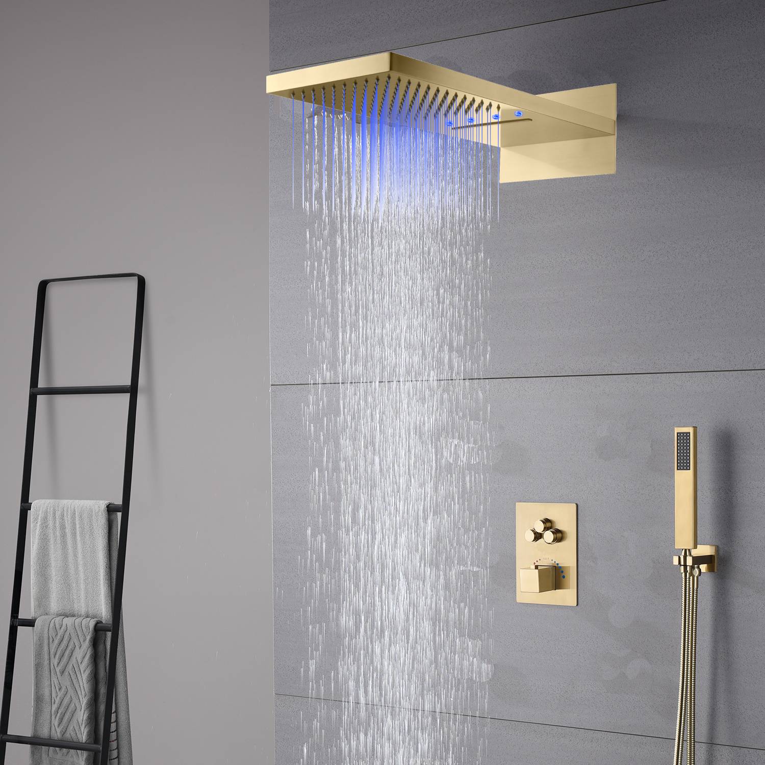 22-Inch Brushed Gold 3 Way Thermostatic Shower Faucet System with Rainfall and Waterfall - Image 5