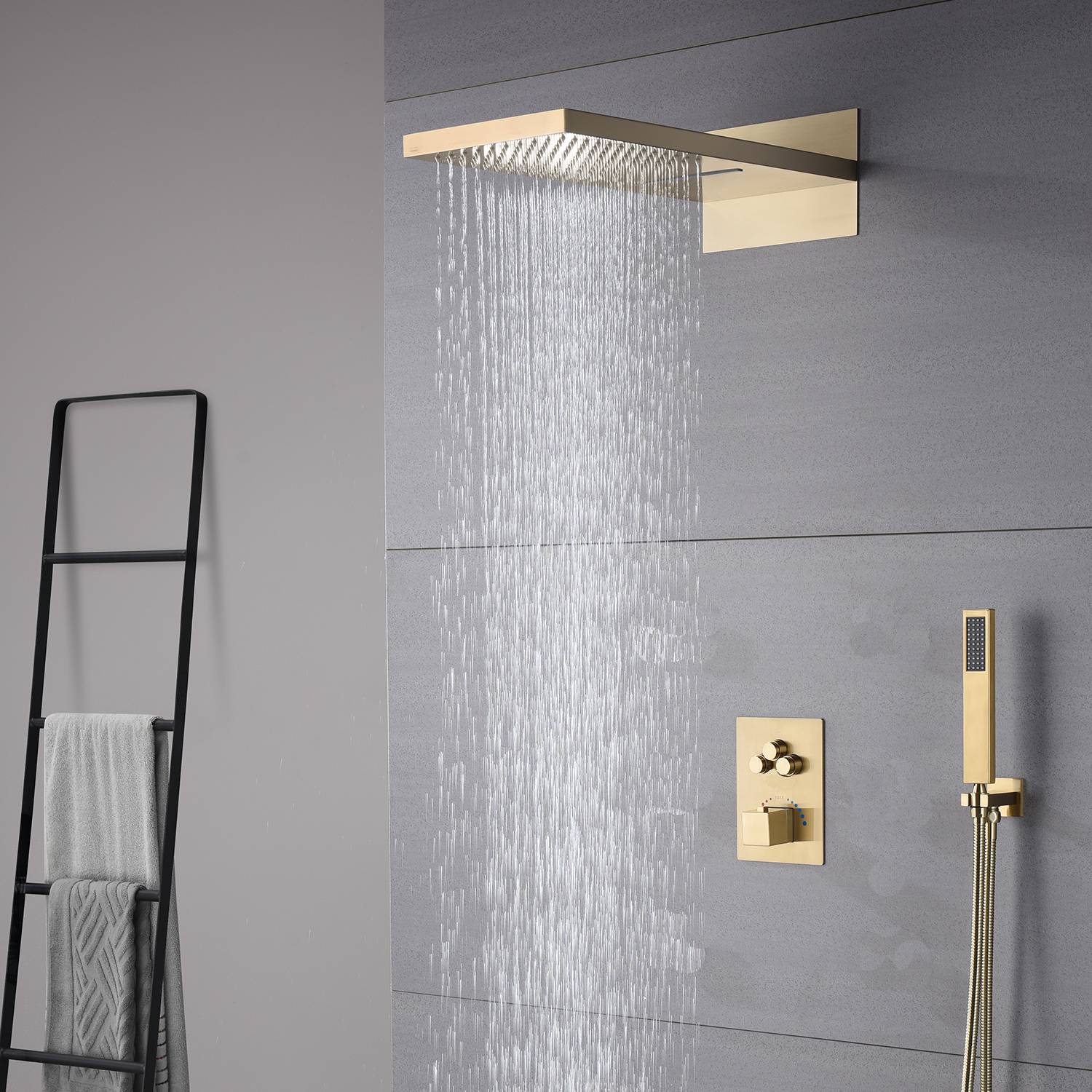 22-Inch Brushed Gold 3 Way Thermostatic Shower Faucet System with Rainfall and Waterfall - Image 6