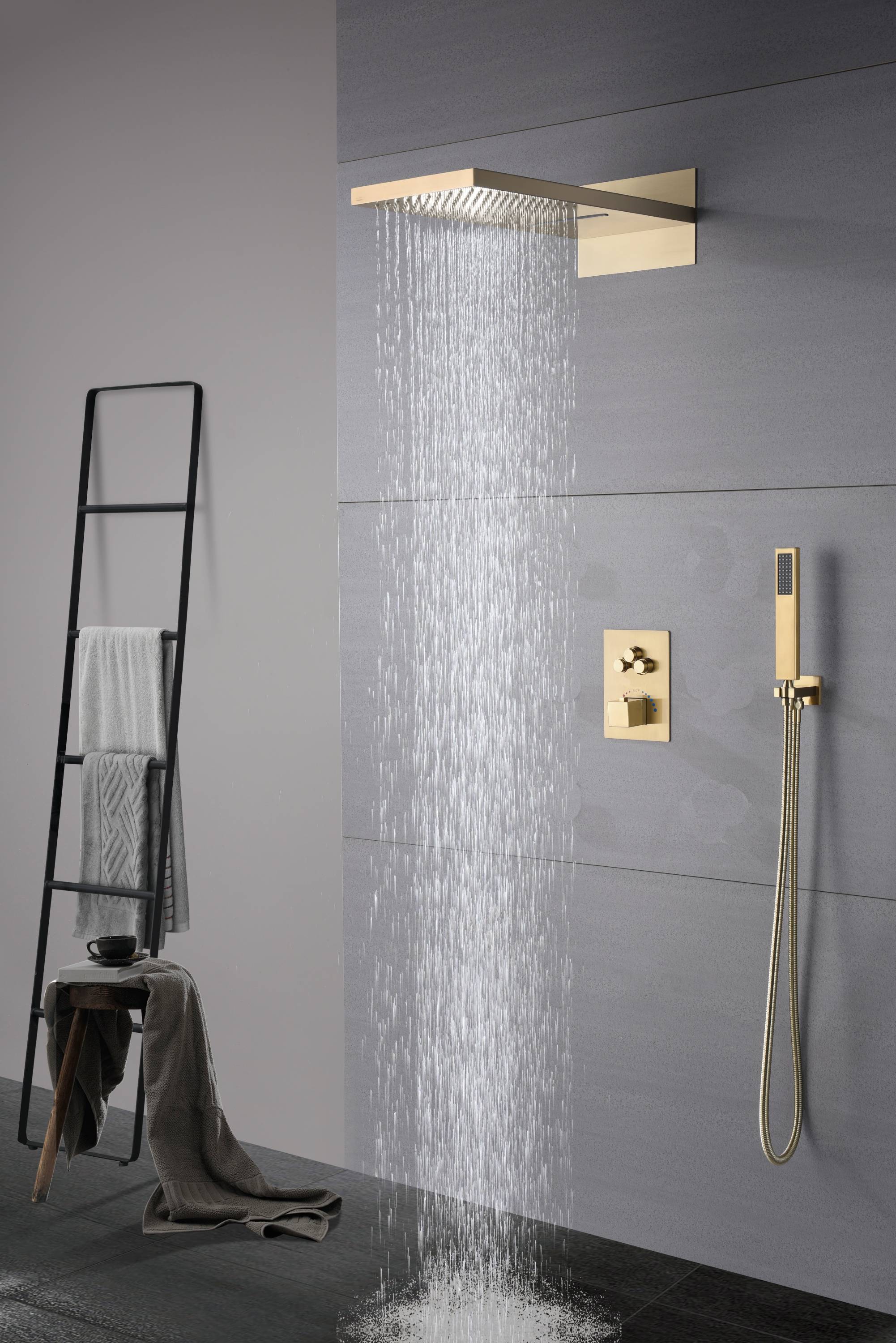 22-Inch Brushed Gold 3 Way Thermostatic Shower Faucet System with Rainfall and Waterfall - Image 7