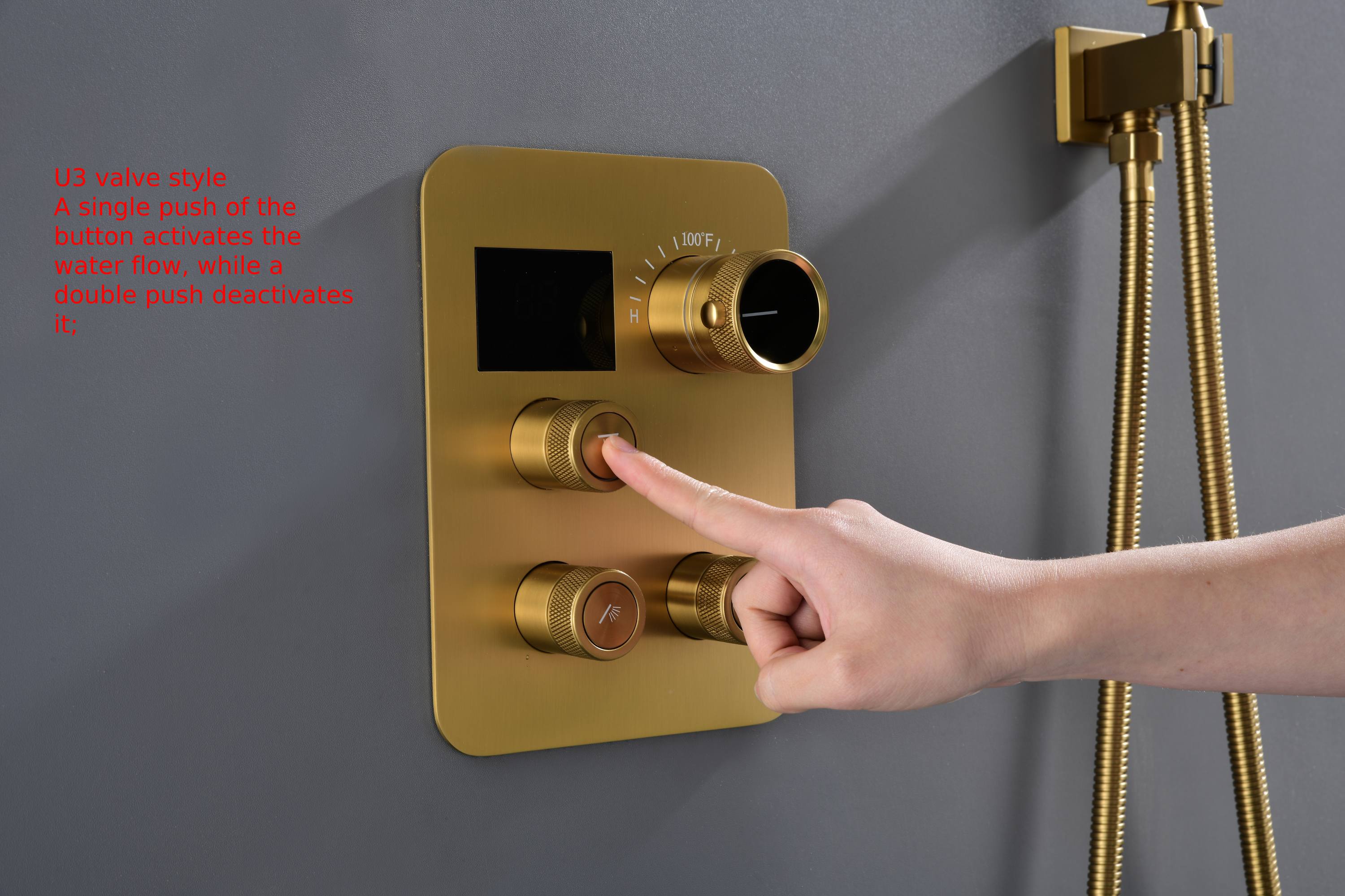 22-Inch Brushed Gold 3 Way Thermostatic Shower Faucet System with Rainfall and Waterfall - Image 8