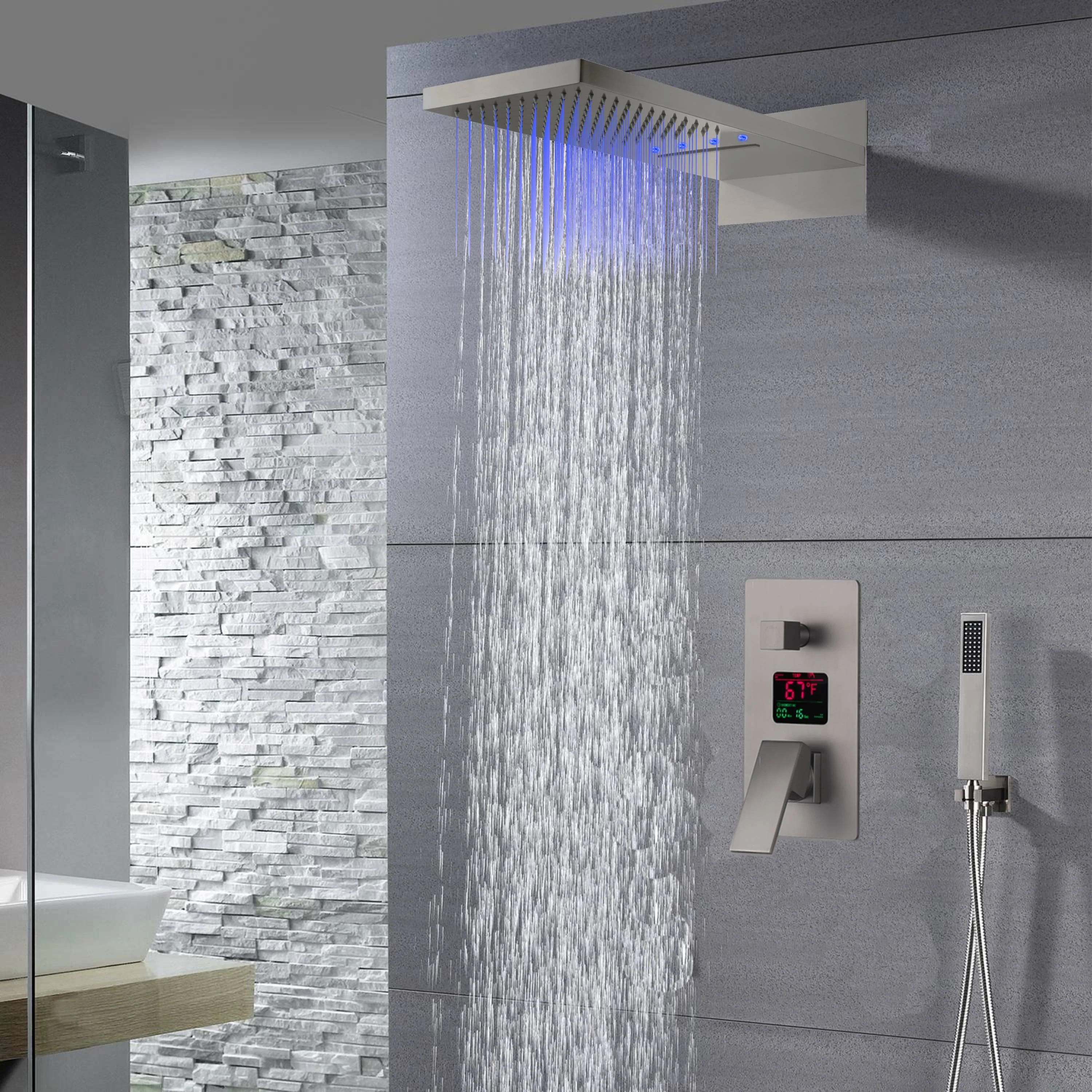 22 inch Brushed Nickel 3 way Digital display anti scald Shower faucet system rainfall and waterfall - Image 2