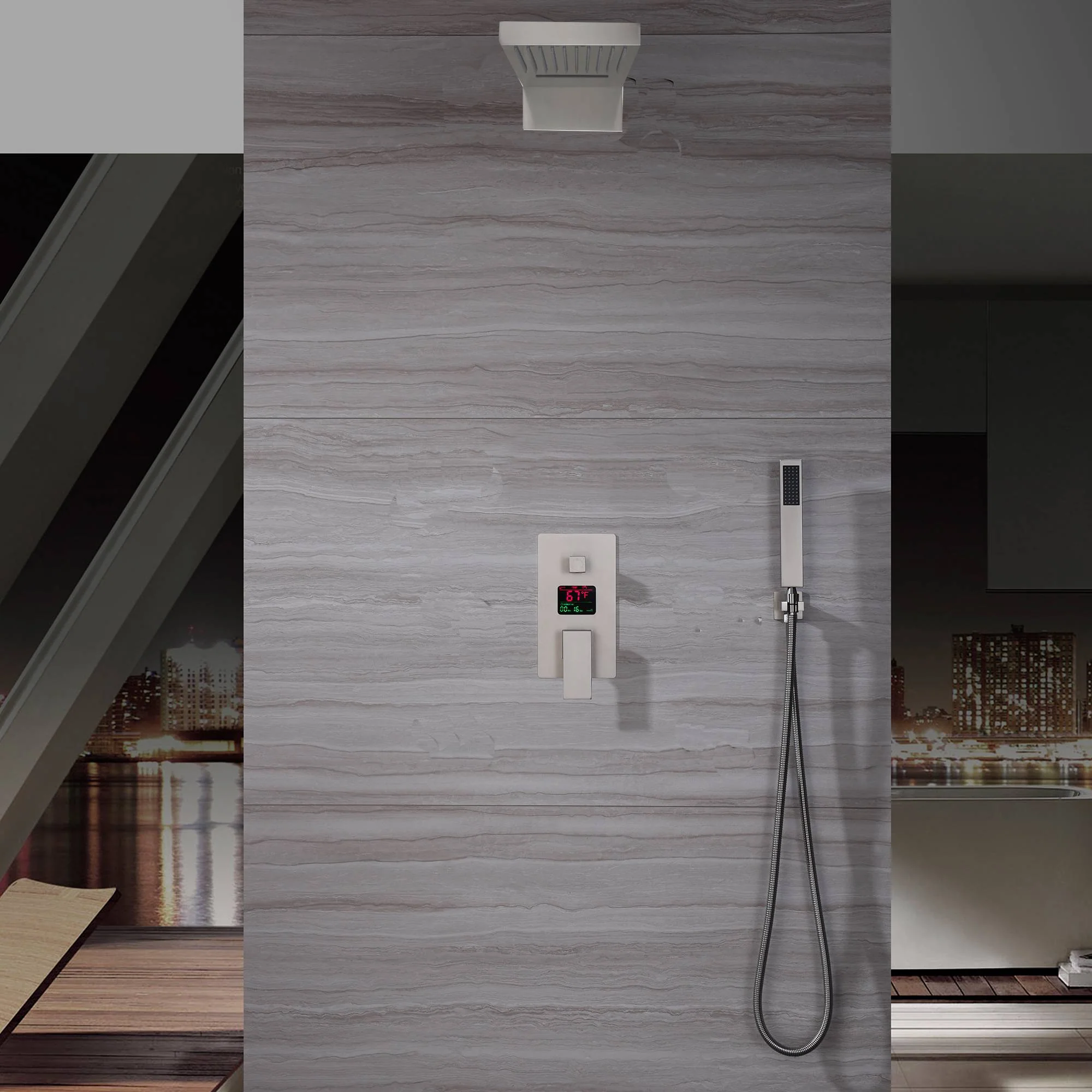 22 inch Brushed Nickel 3 way Digital display anti scald Shower faucet system rainfall and waterfall - Image 3