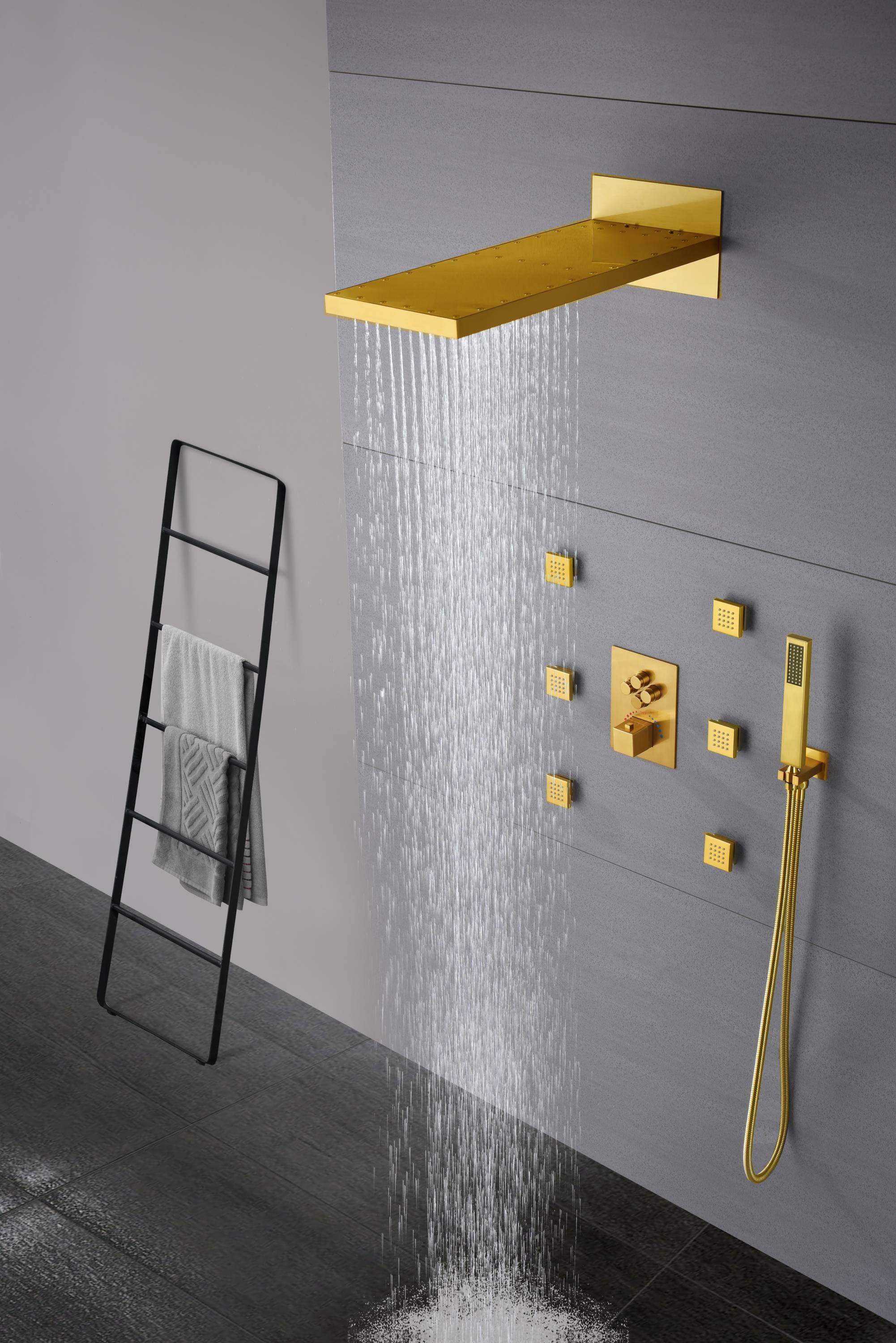 22inch rainfall waterfall Polished gold 4 way Thermostatic Shower valve system that each function run all together and separately - Image 3