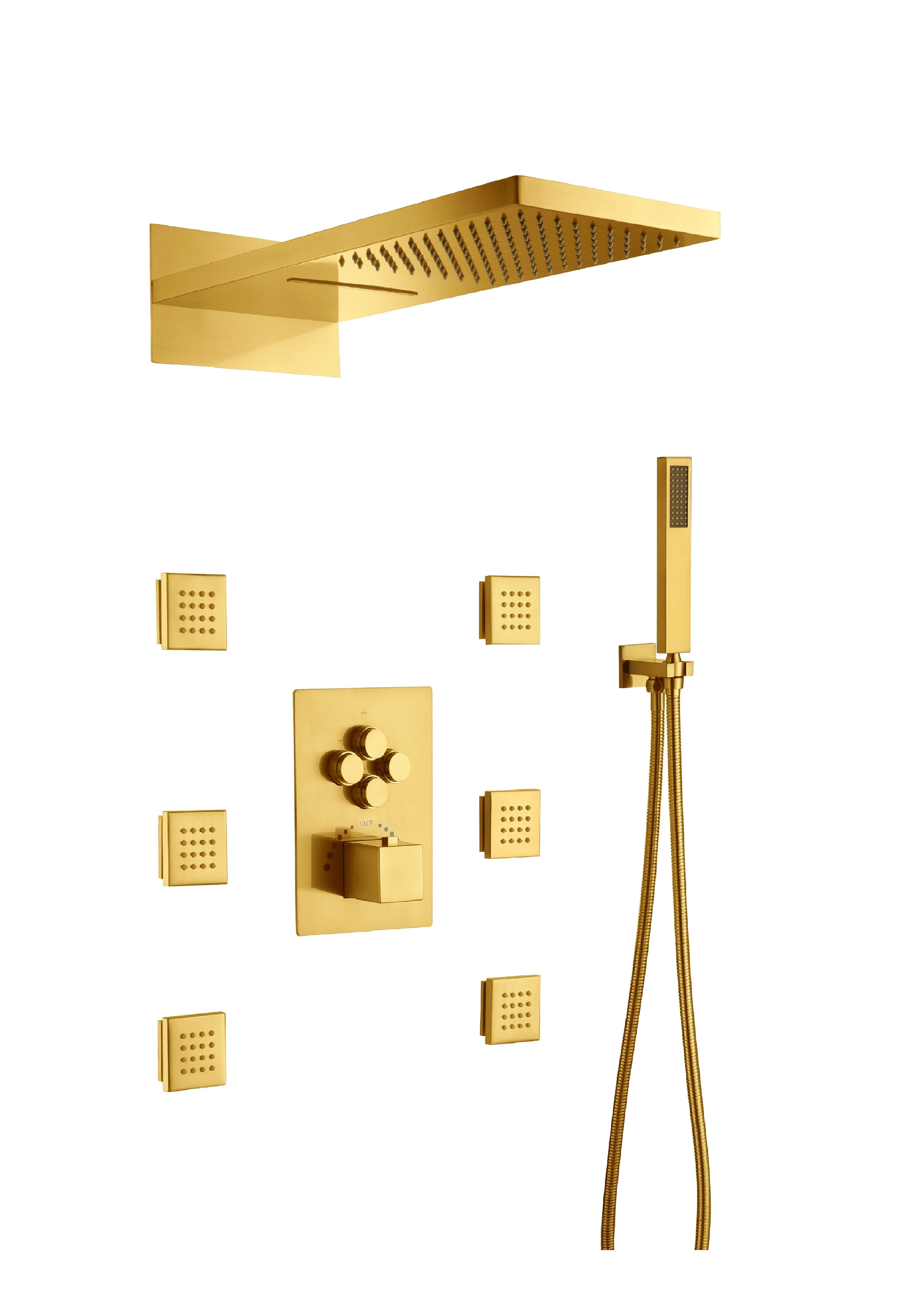 22inch rainfall waterfall Polished gold 4 way Thermostatic Shower valve system that each function run all together and separately - Image 4