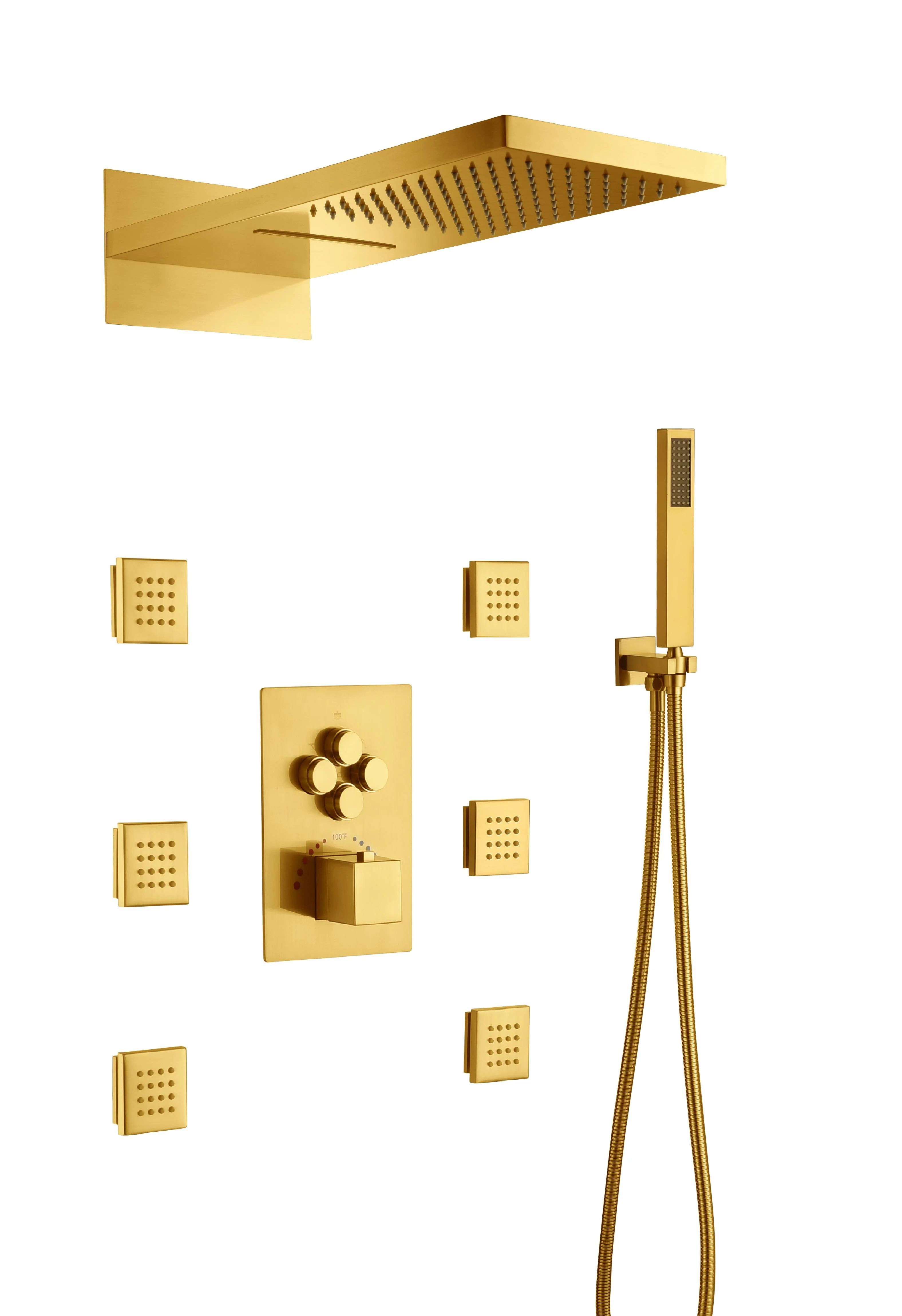 22inch rainfall waterfall Polished gold 4 way Thermostatic Shower valve system that each function run all together and separately - Image 5