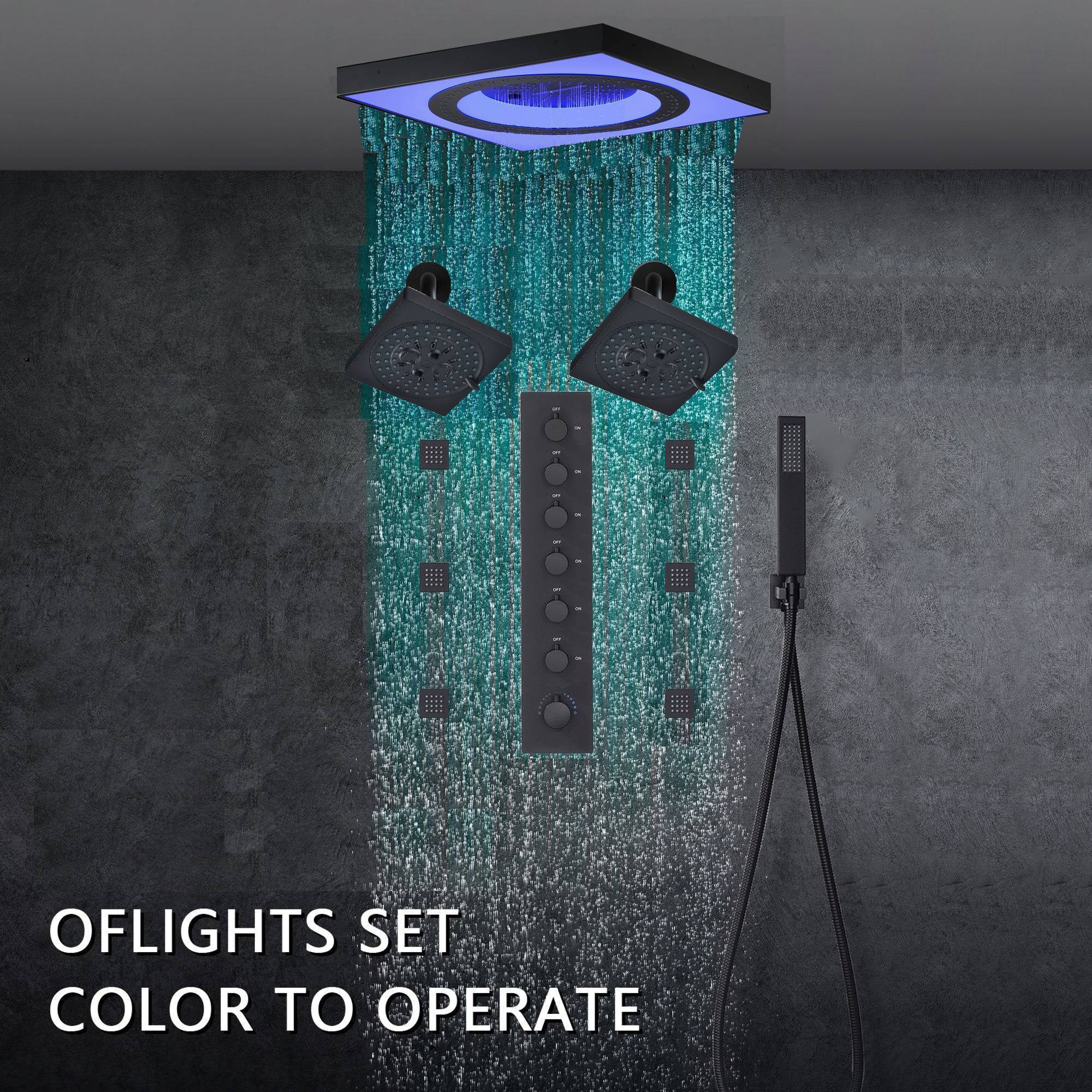 24" Flush LED Mount Rainfall Waterfall 6-Way Digital Shower System With Dual Regular Head and 6 Body Jets