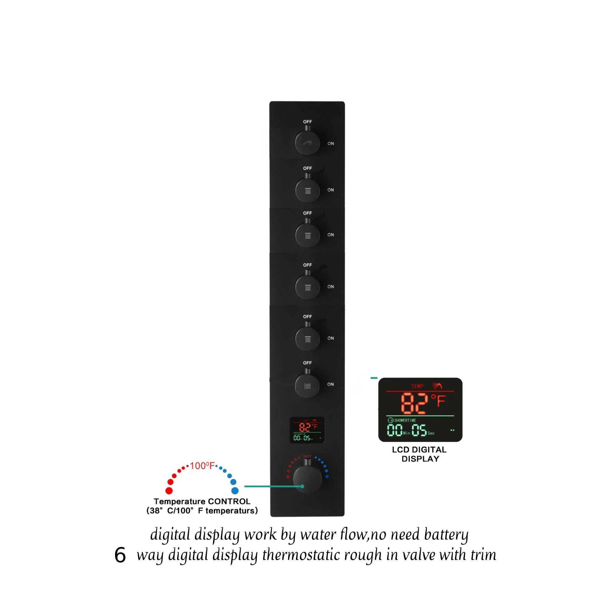 24" Flush Mount Rainfall Waterfall 6-Way Digital  Shower System with LED, Dual Regular Heads and Tub Spout - Image 26