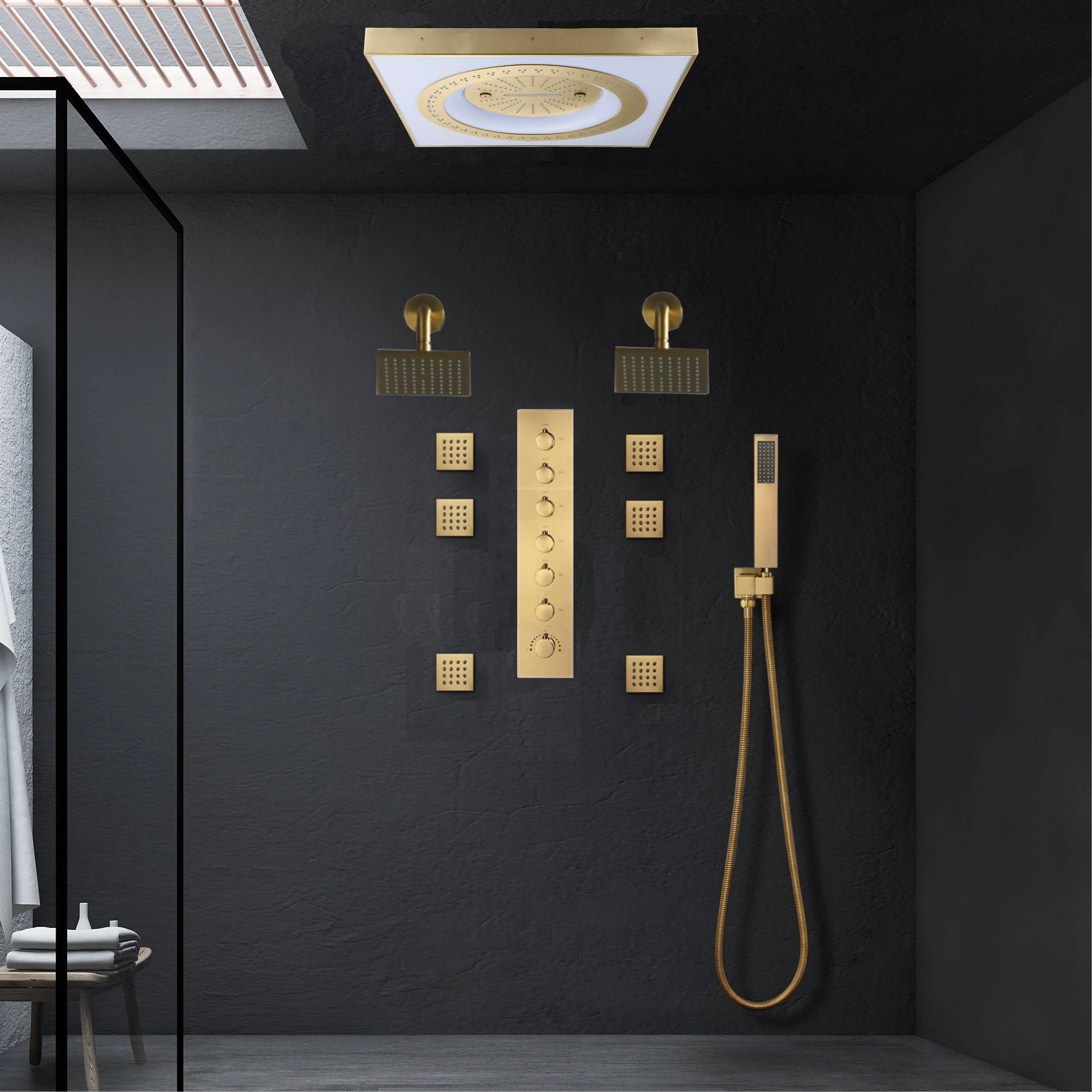 24" Flush LED Mount Rainfall Waterfall 6-Way Digital Shower System With Dual Regular Head and 6 Body Jets - Image 20