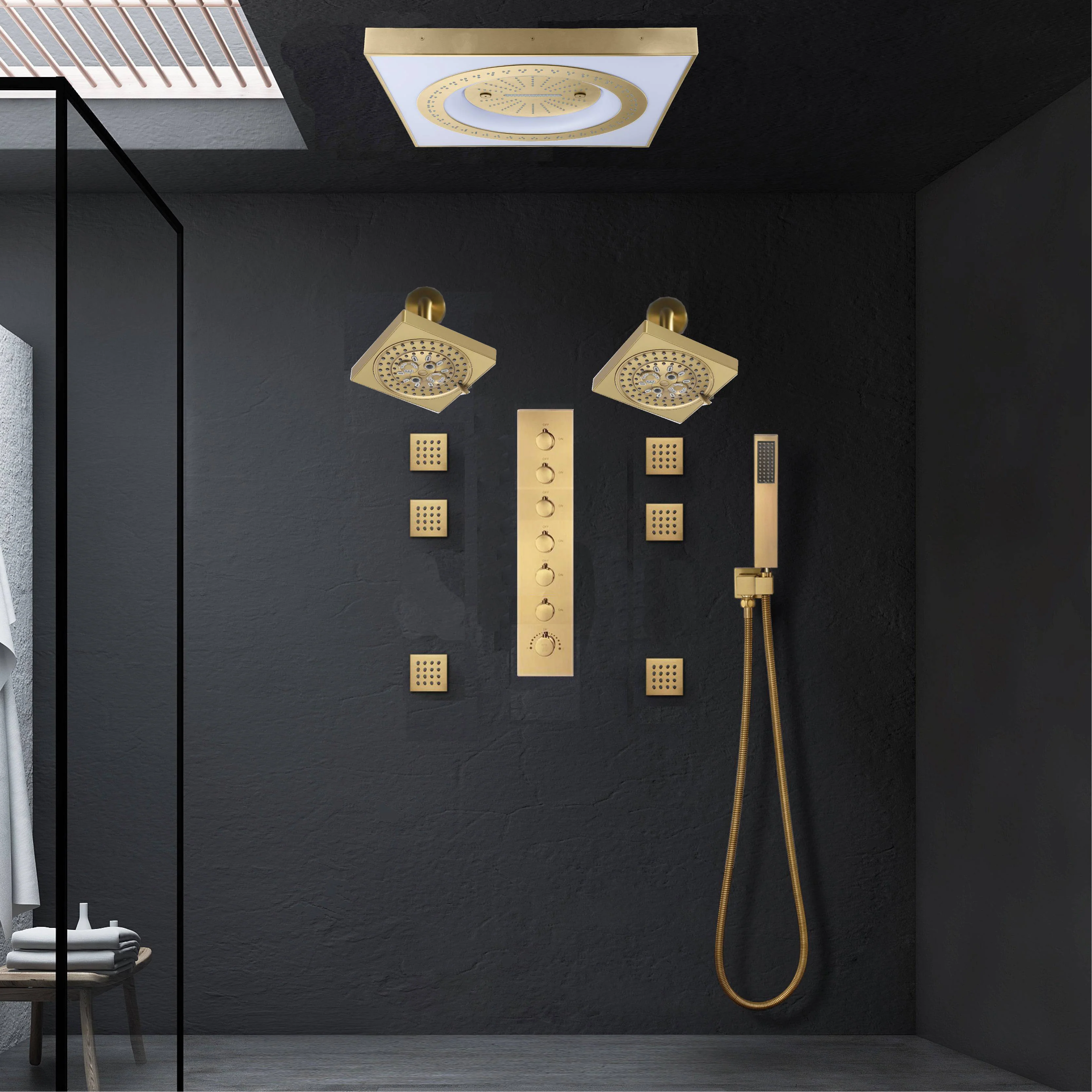 24" Flush LED Mount Rainfall Waterfall 6-Way Digital Shower System With Dual Regular Head and 6 Body Jets - Image 21
