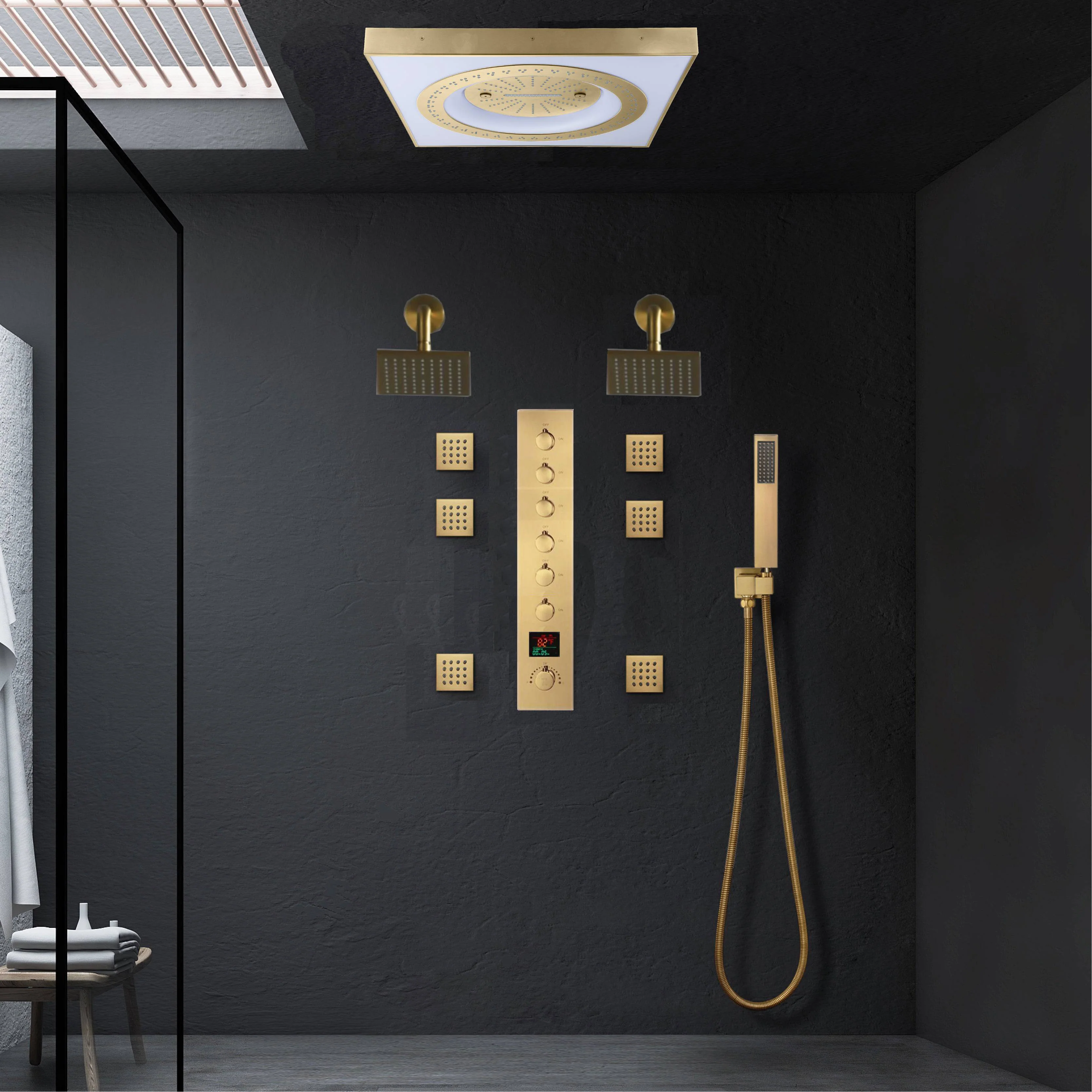 24" Flush LED Mount Rainfall Waterfall 6-Way Digital Shower System With Dual Regular Head and 6 Body Jets - Image 22