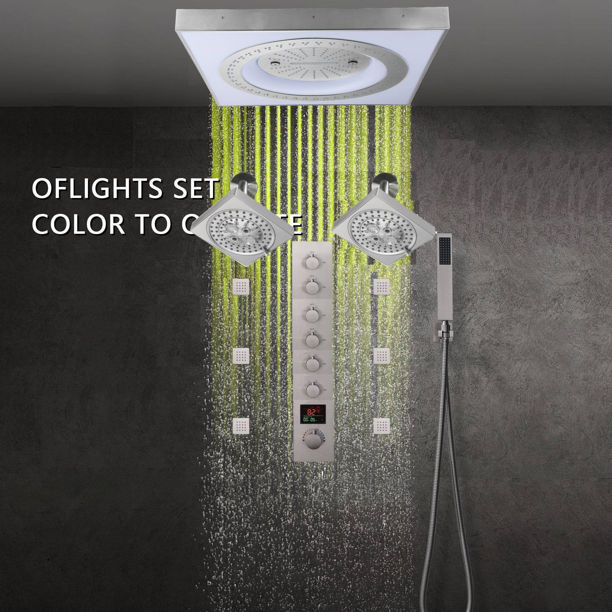 24" Flush LED Mount Rainfall Waterfall 6-Way Digital Shower System With Dual Regular Head and 6 Body Jets - Image 38