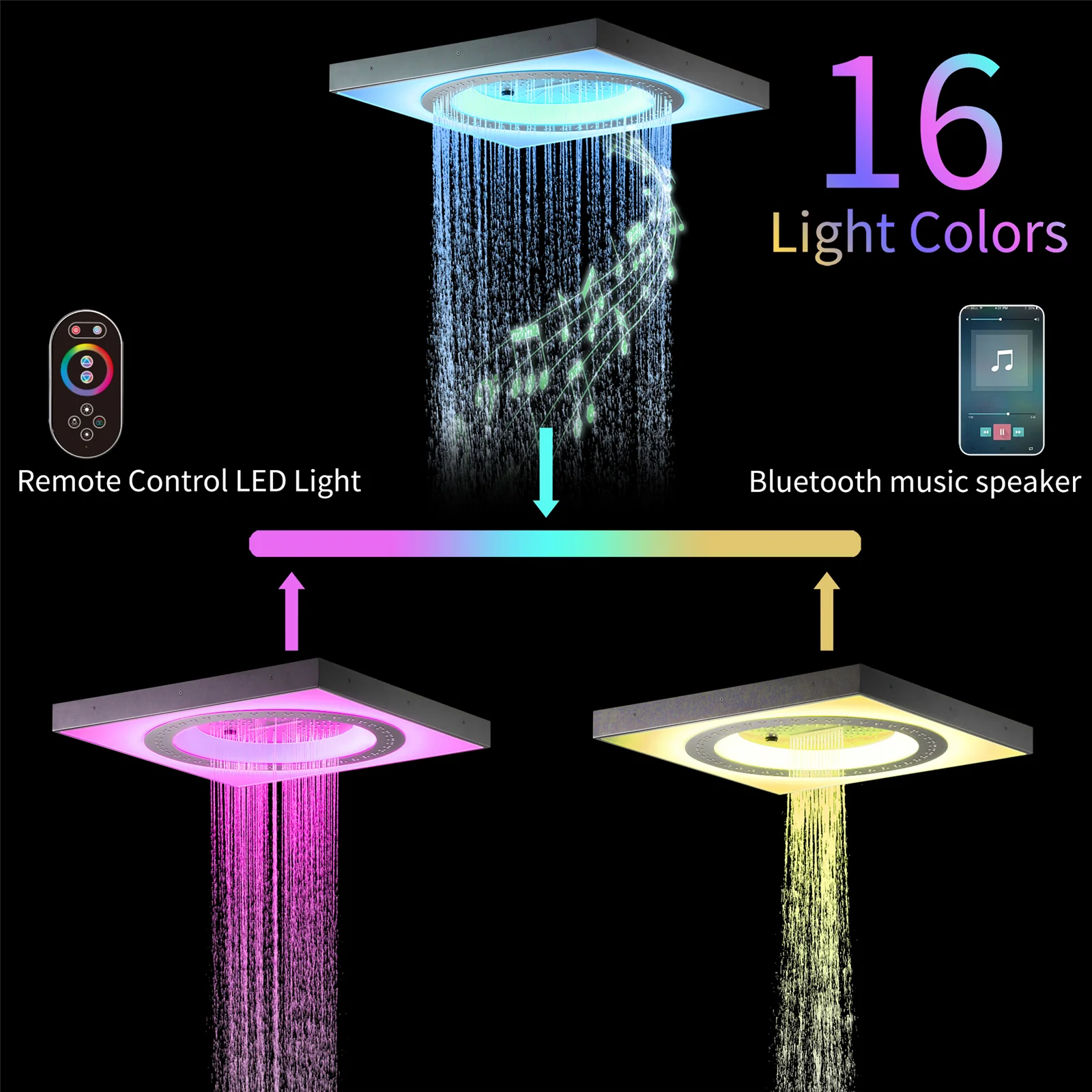 24" Flush LED Mount Rainfall Waterfall 6-Way Touch control Shower System With Regular Head and 3 Body Jets - Image 40