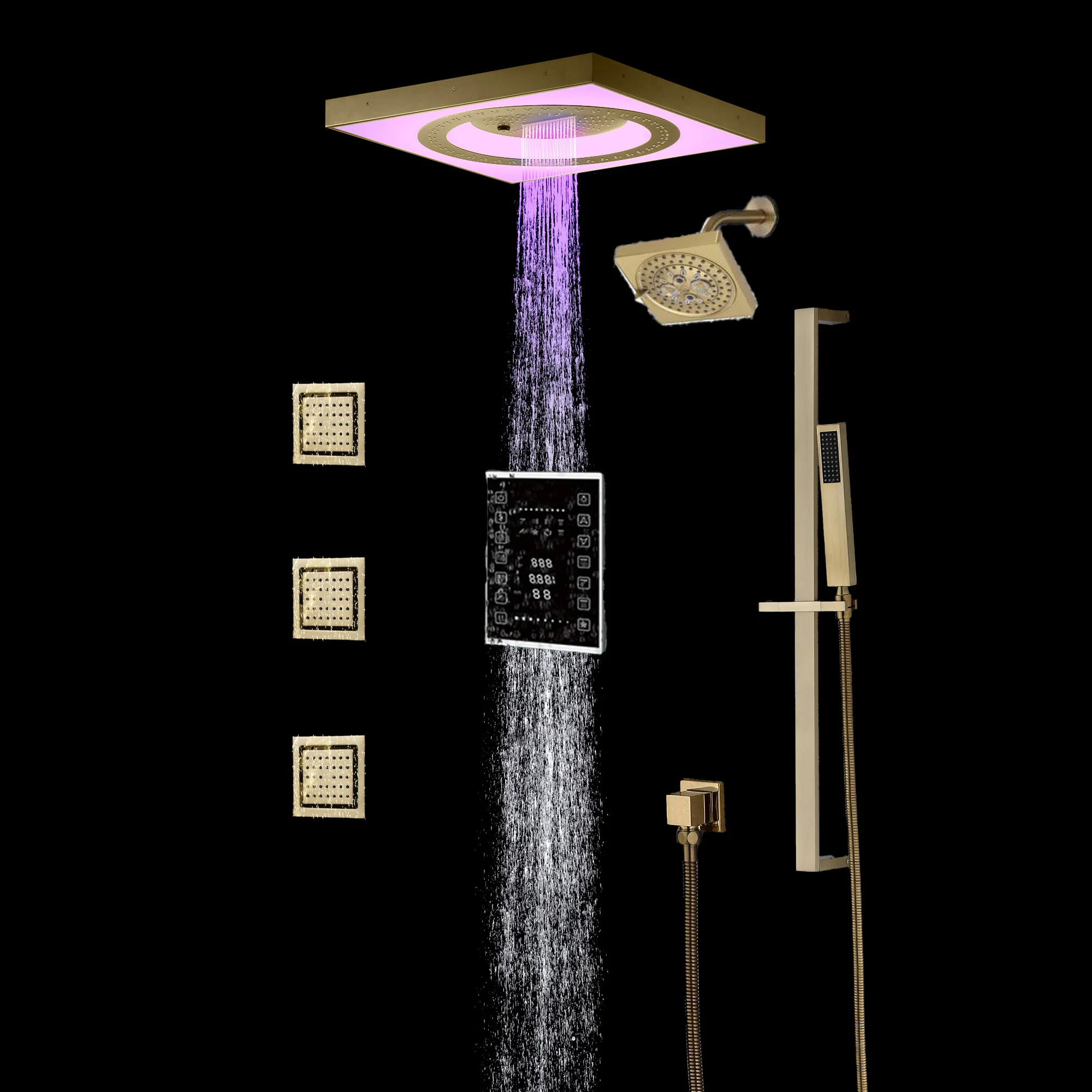 24" Flush LED Mount Rainfall Waterfall 6-Way Touch control Shower System With Regular Head and 3 Body Jets - Image 17