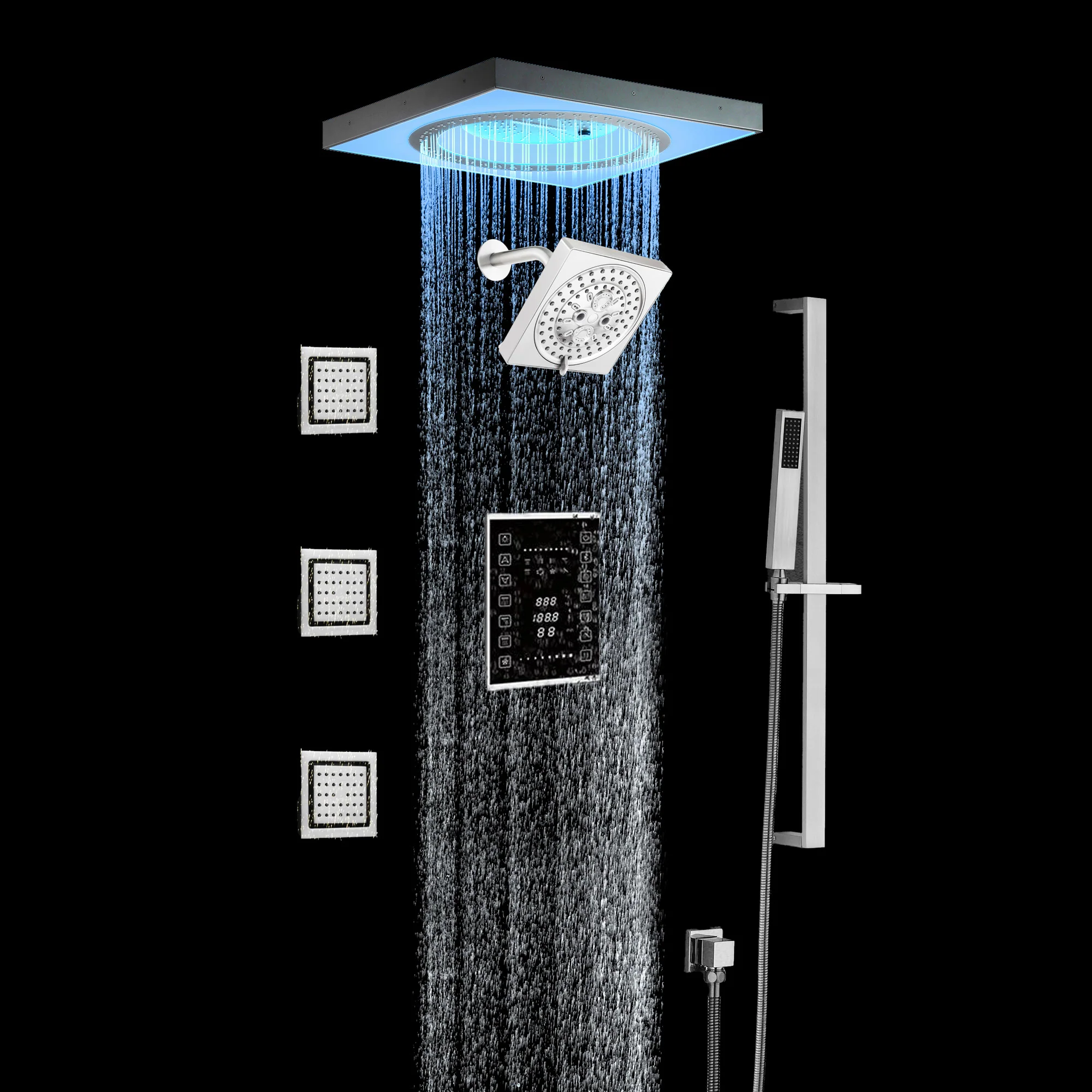 24" Flush LED Mount Rainfall Waterfall 6-Way Touch control Shower System With Regular Head and 3 Body Jets - Image 31
