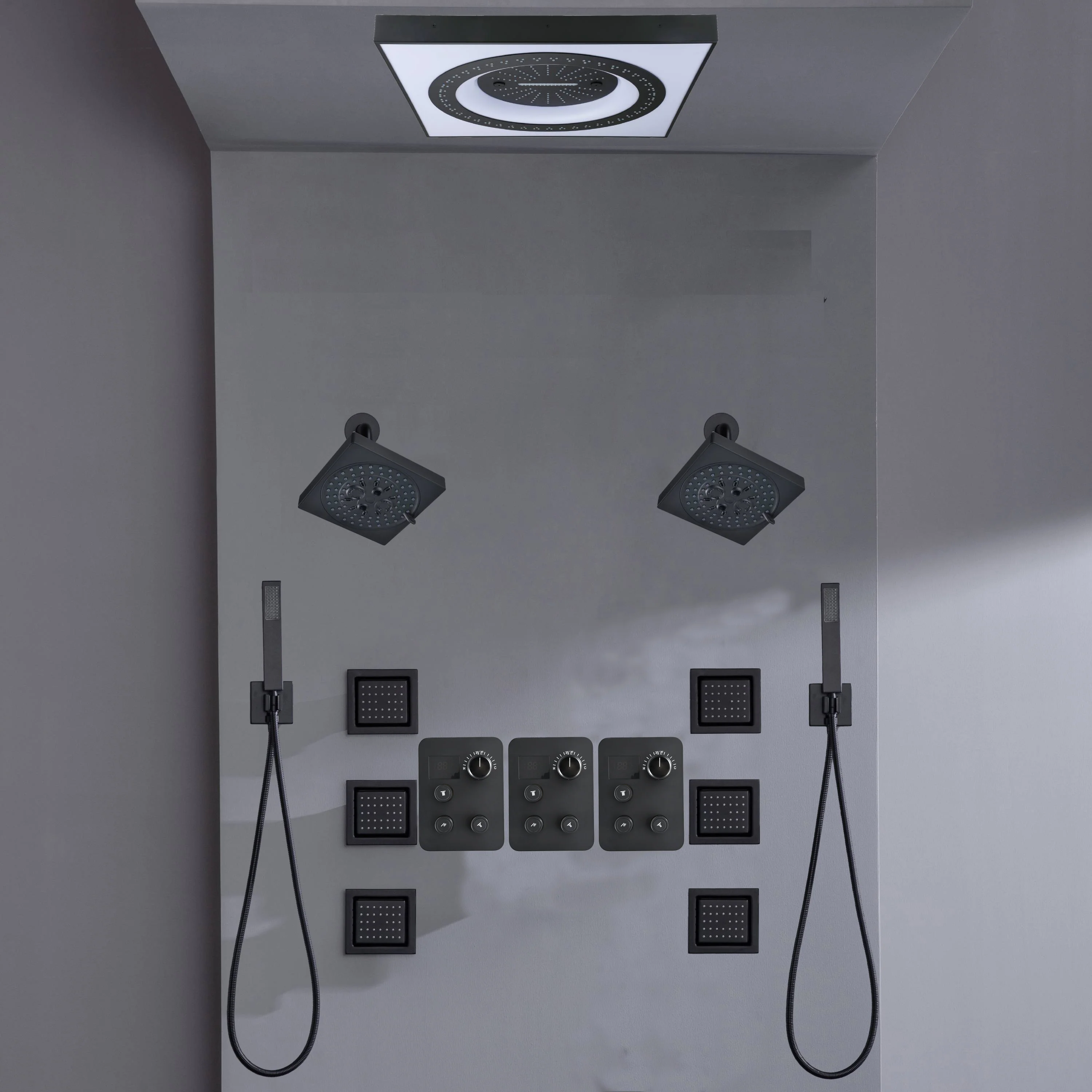 24" Flush Mount Shower Head with 9-Way Digital Faucet, Dual 6" Regular Heads, 6 Body Jets and Dual Handle Wands - Image 11
