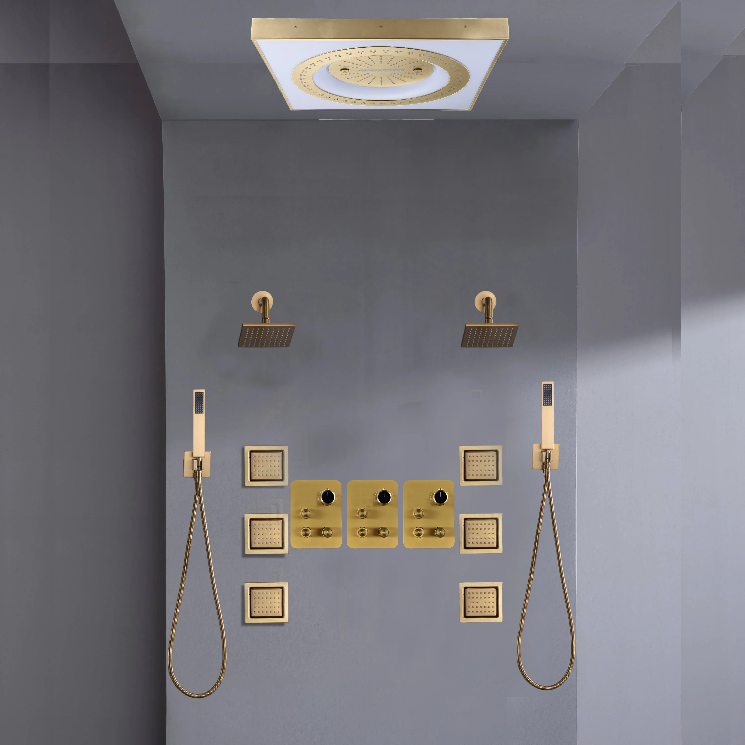 24" Flush Mount Shower Head with 9-Way Digital Faucet, Dual 6" Regular Heads, 6 Body Jets and Dual Handle Wands - Image 3