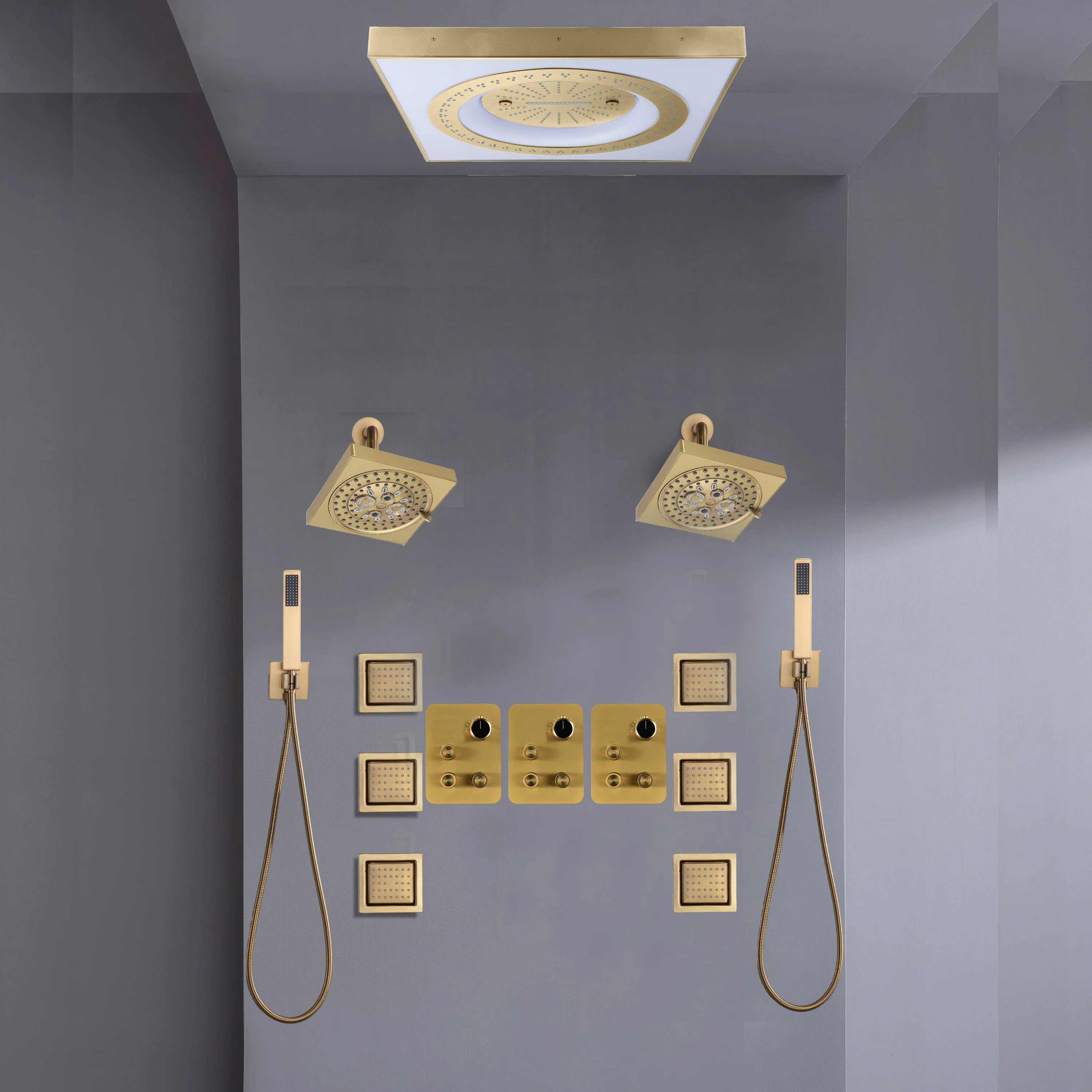 24" Flush Mount Shower Head with 9-Way Digital Faucet, Dual 6" Regular Heads, 6 Body Jets and Dual Handle Wands - Image 4
