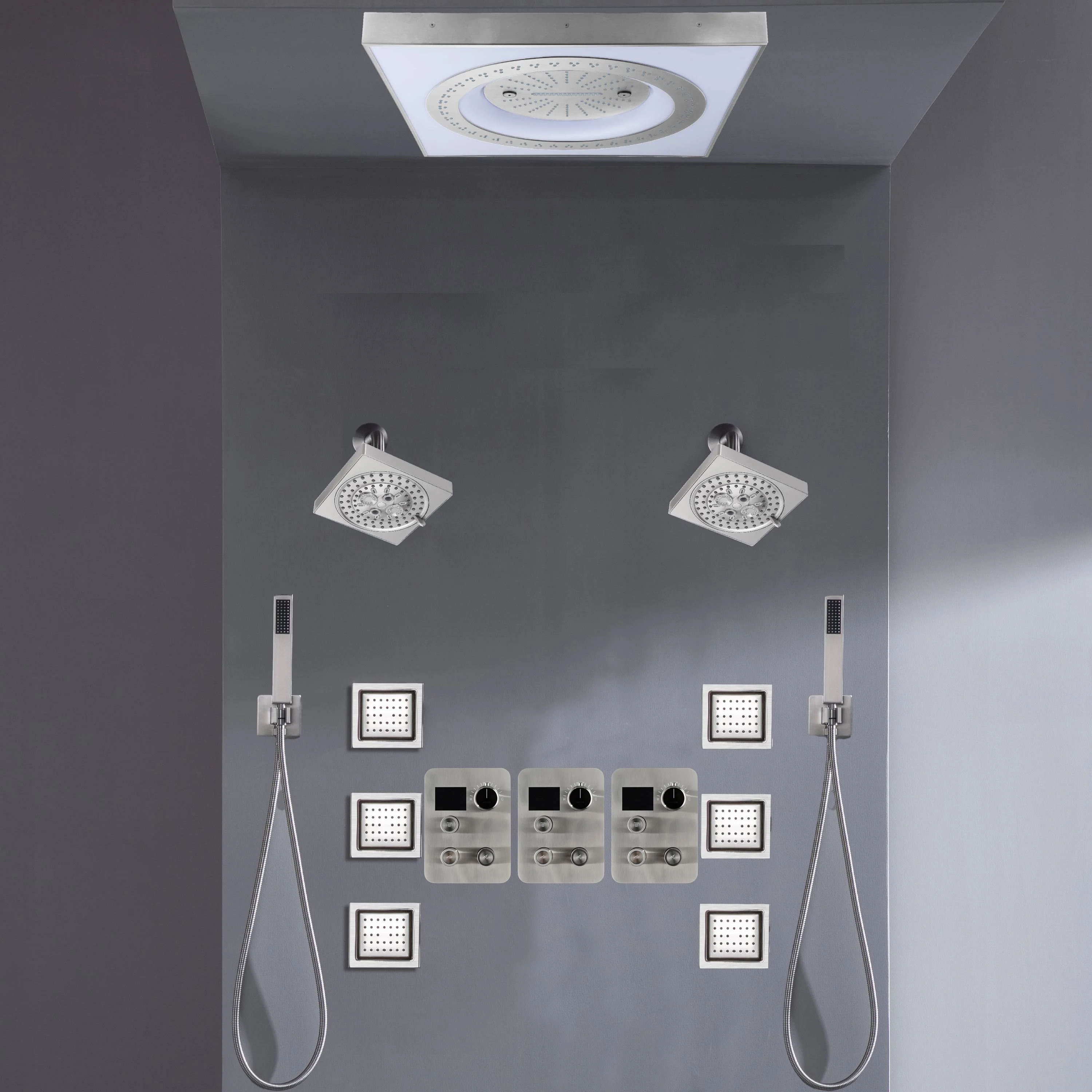 24" Flush Mount Shower Head with 9-Way Digital Faucet, Dual 6" Regular Heads, 6 Body Jets and Dual Handle Wands - Image 6