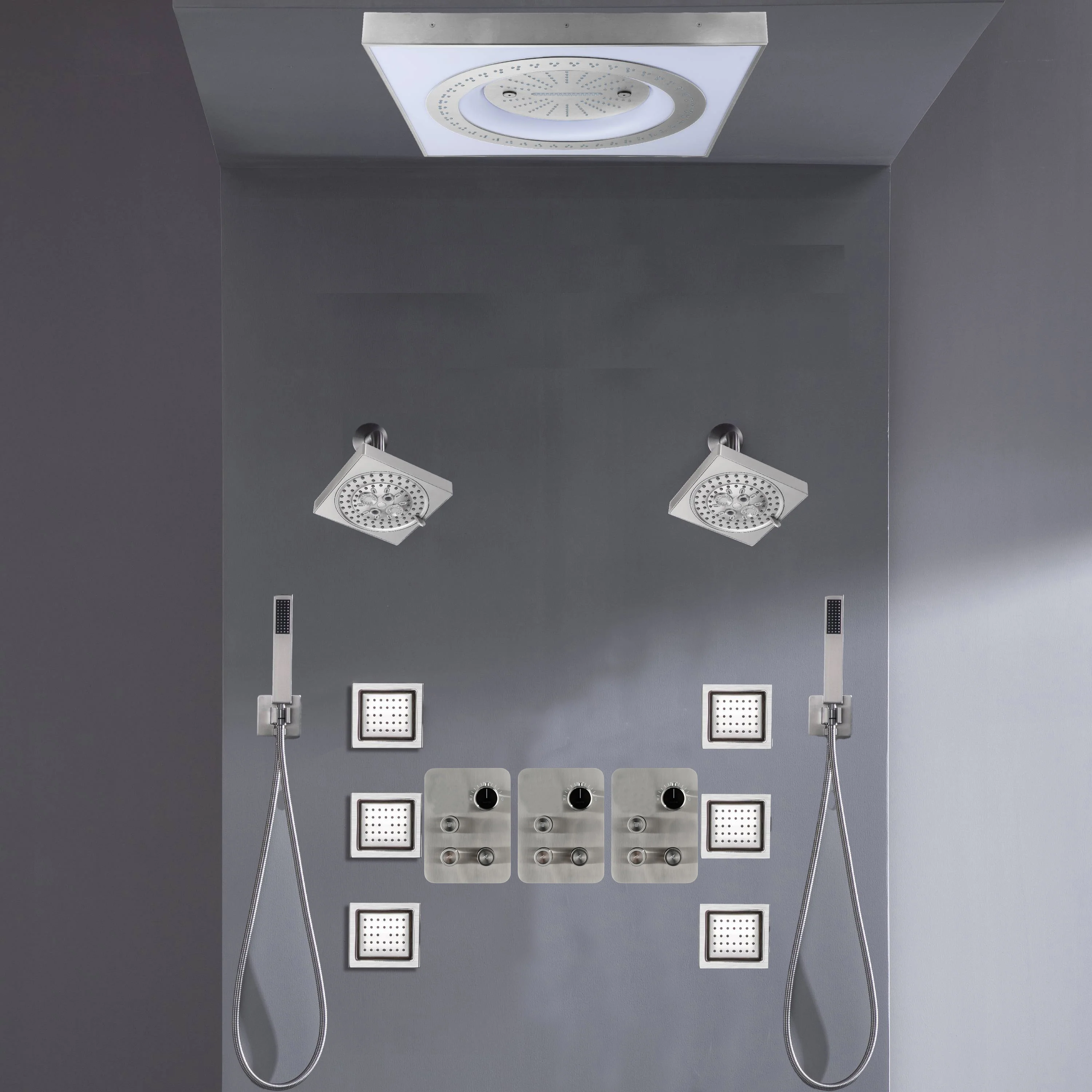 24" Flush Mount Shower Head with 9-Way Digital Faucet, Dual 6" Regular Heads, 6 Body Jets and Dual Handle Wands - Image 8
