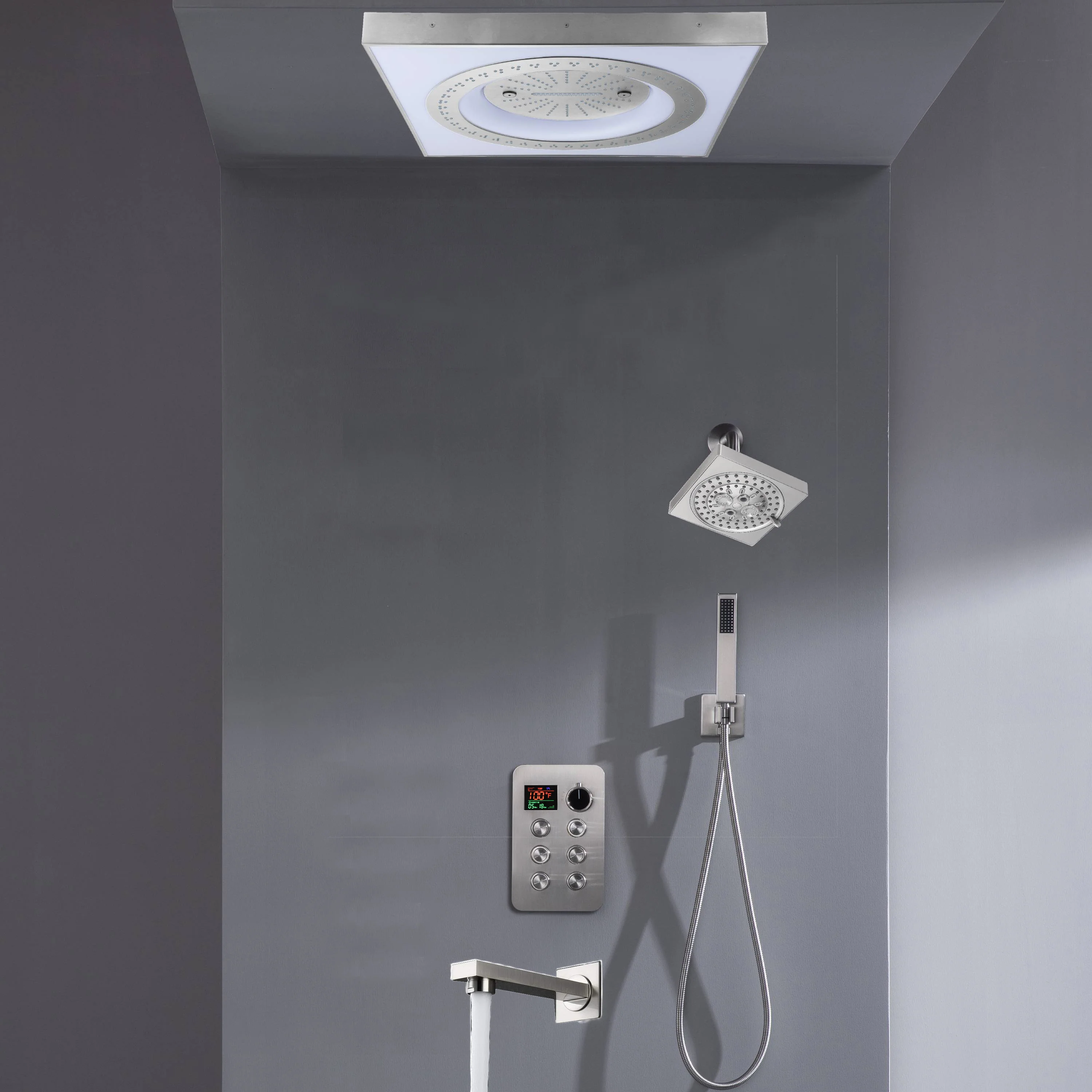 24" Flush Mount Shower Head with 6-Way Digital Faucet, 6" Regular Head, Tub Spout - Image 14