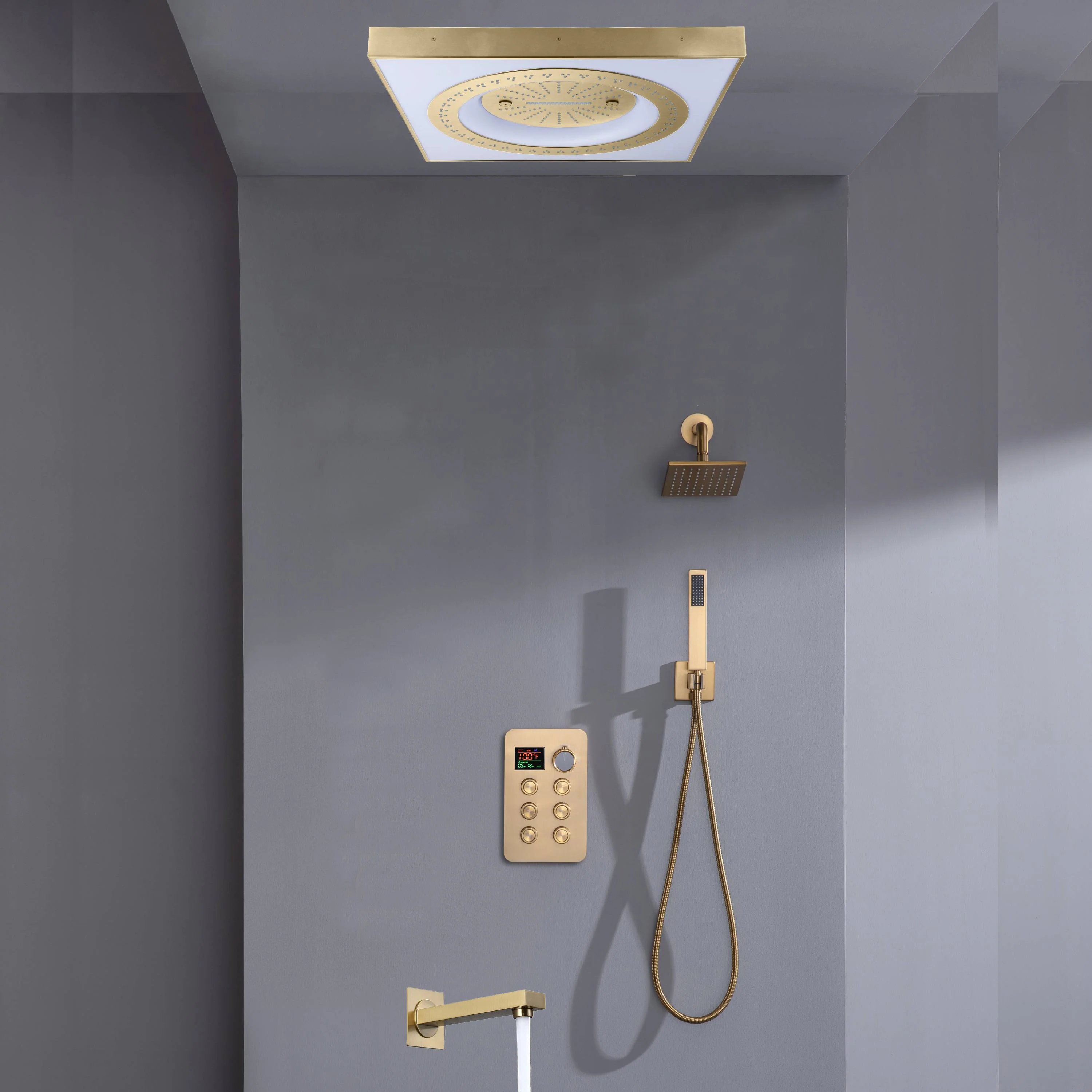 24" Flush Mount Shower Head with 6-Way Digital Faucet, 6" Regular Head, Tub Spout - Image 7
