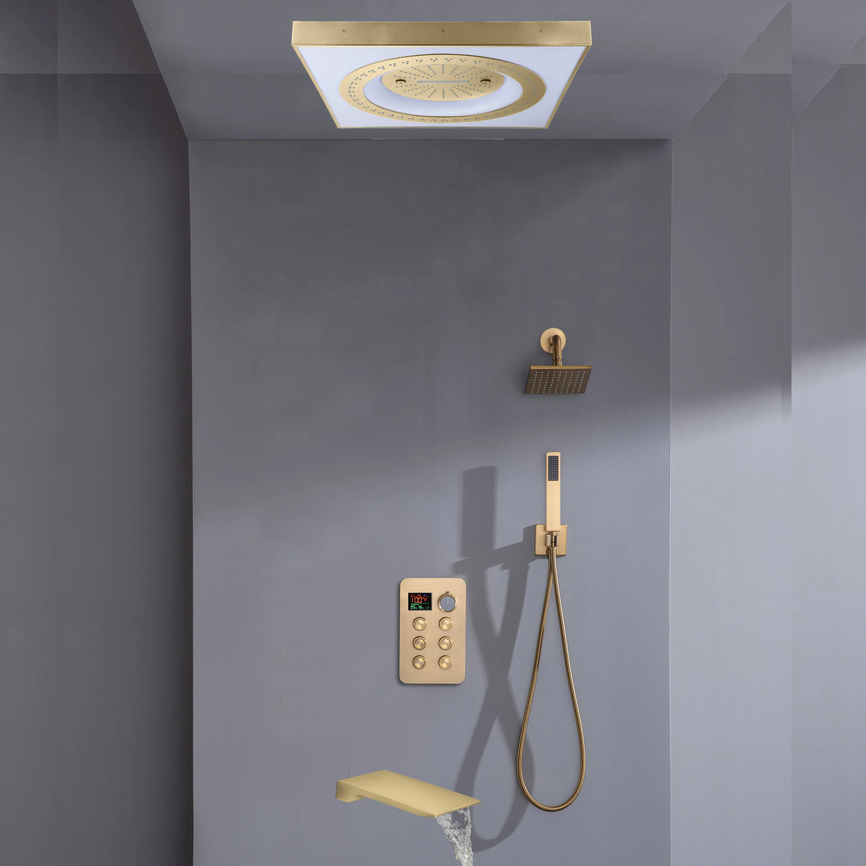 24" Flush Mount Shower Head with 6-Way Digital Faucet, 6" Regular Head, Tub Spout - Image 9