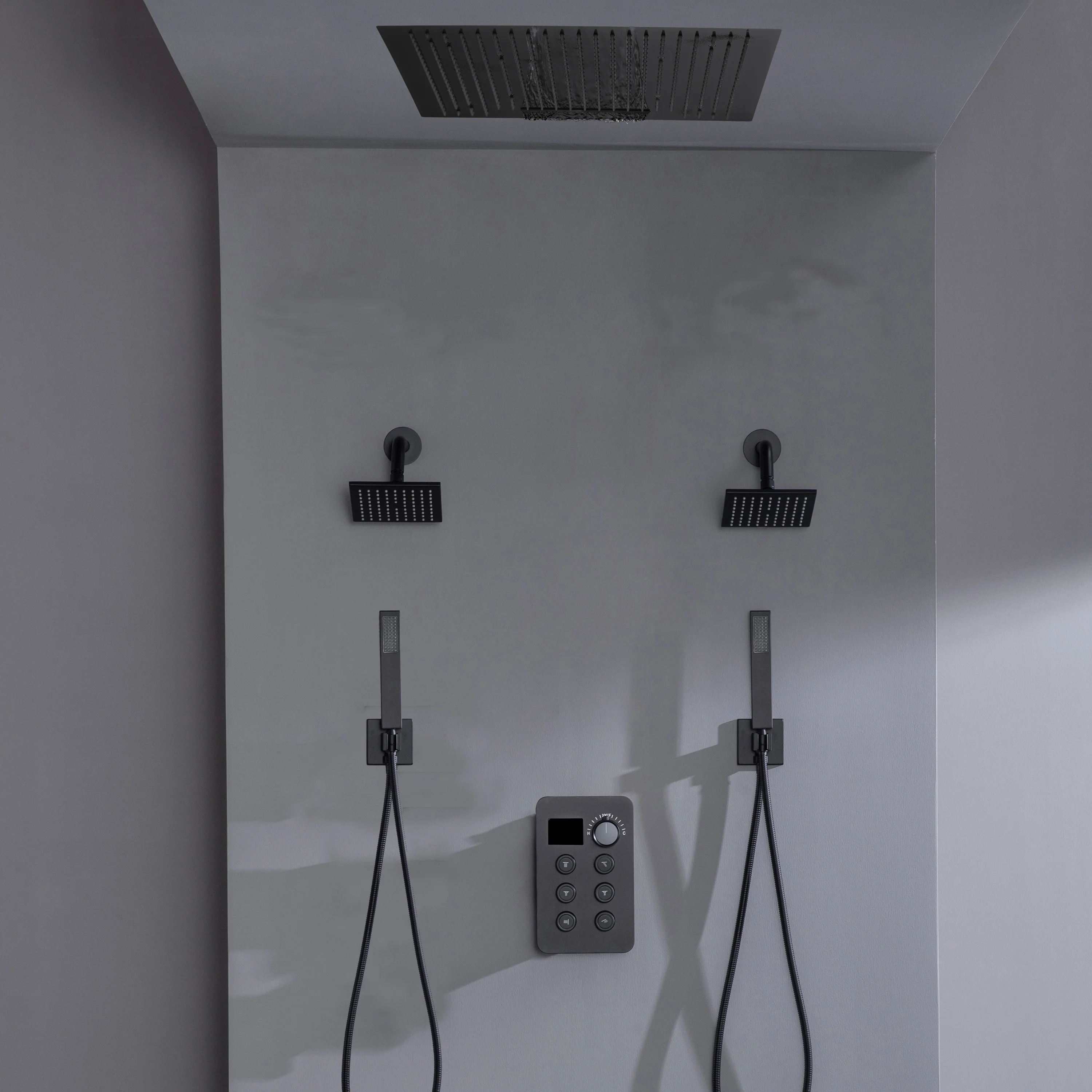 24 inch flush mount rainfall waterfall shower head 6 way thermostatic shower faucet with dual handle wands and dual regular heads - Image 10