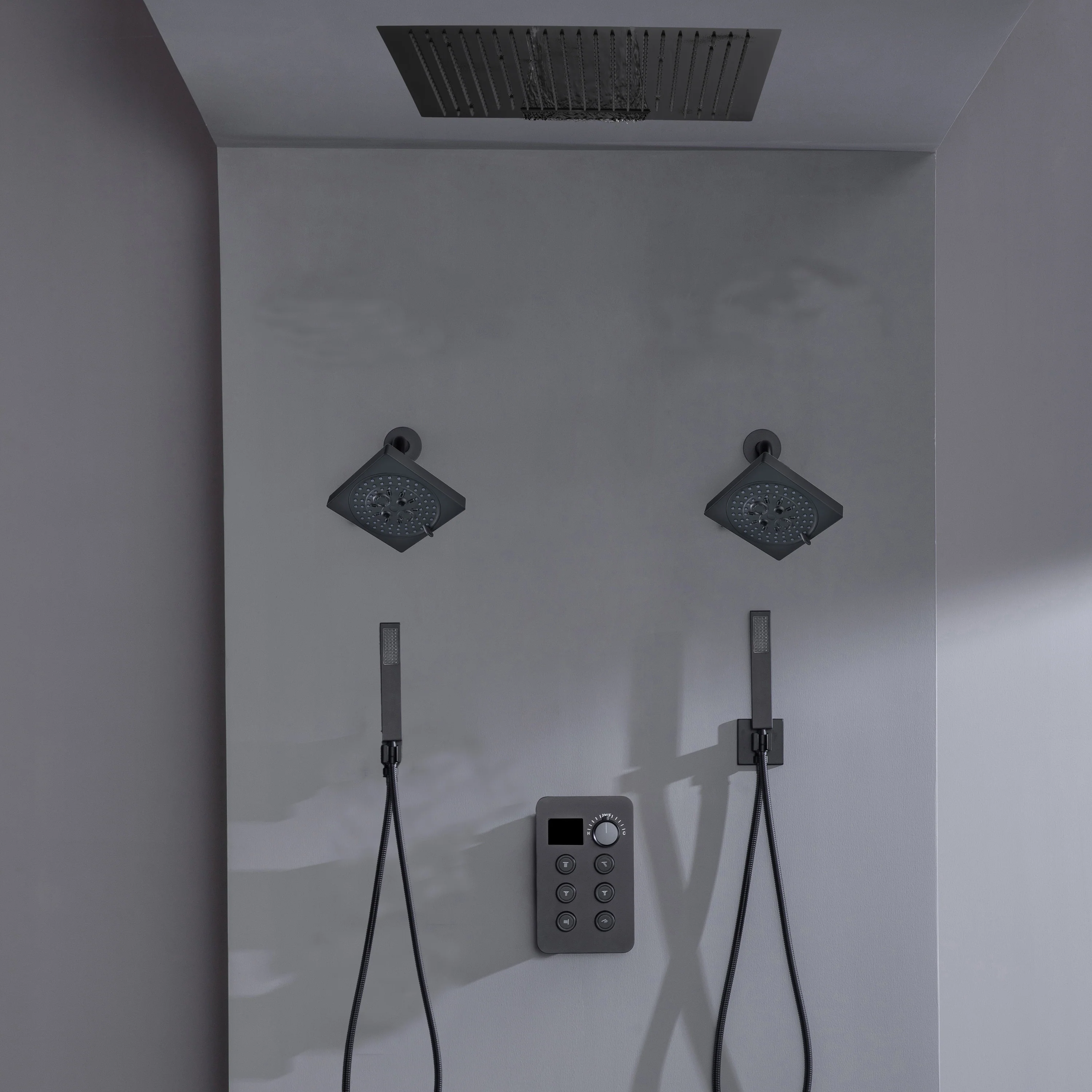 24 inch flush mount rainfall waterfall shower head 6 way thermostatic shower faucet with dual handle wands and dual regular heads - Image 11