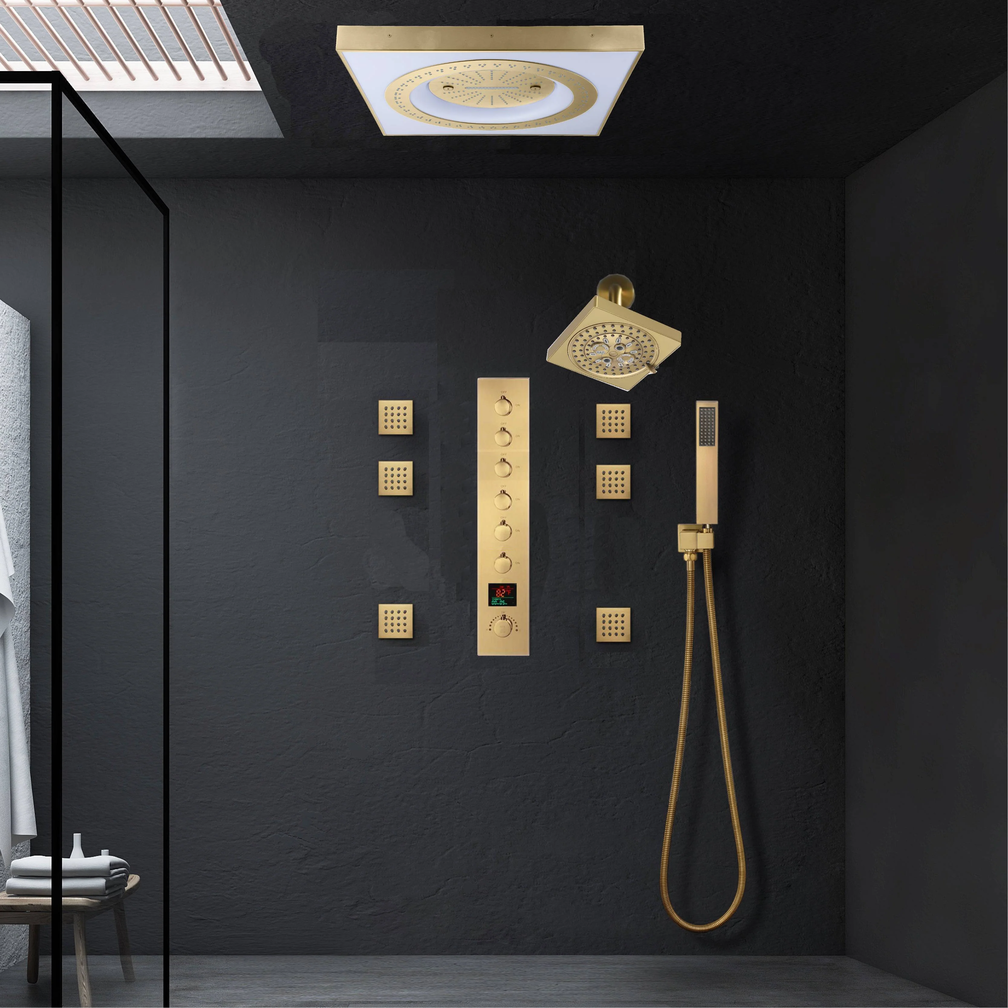 24" Flush LED Mount Rainfall Waterfall 6-Way Digital Shower System With Regular Head and 6 Body Jets - Image 22