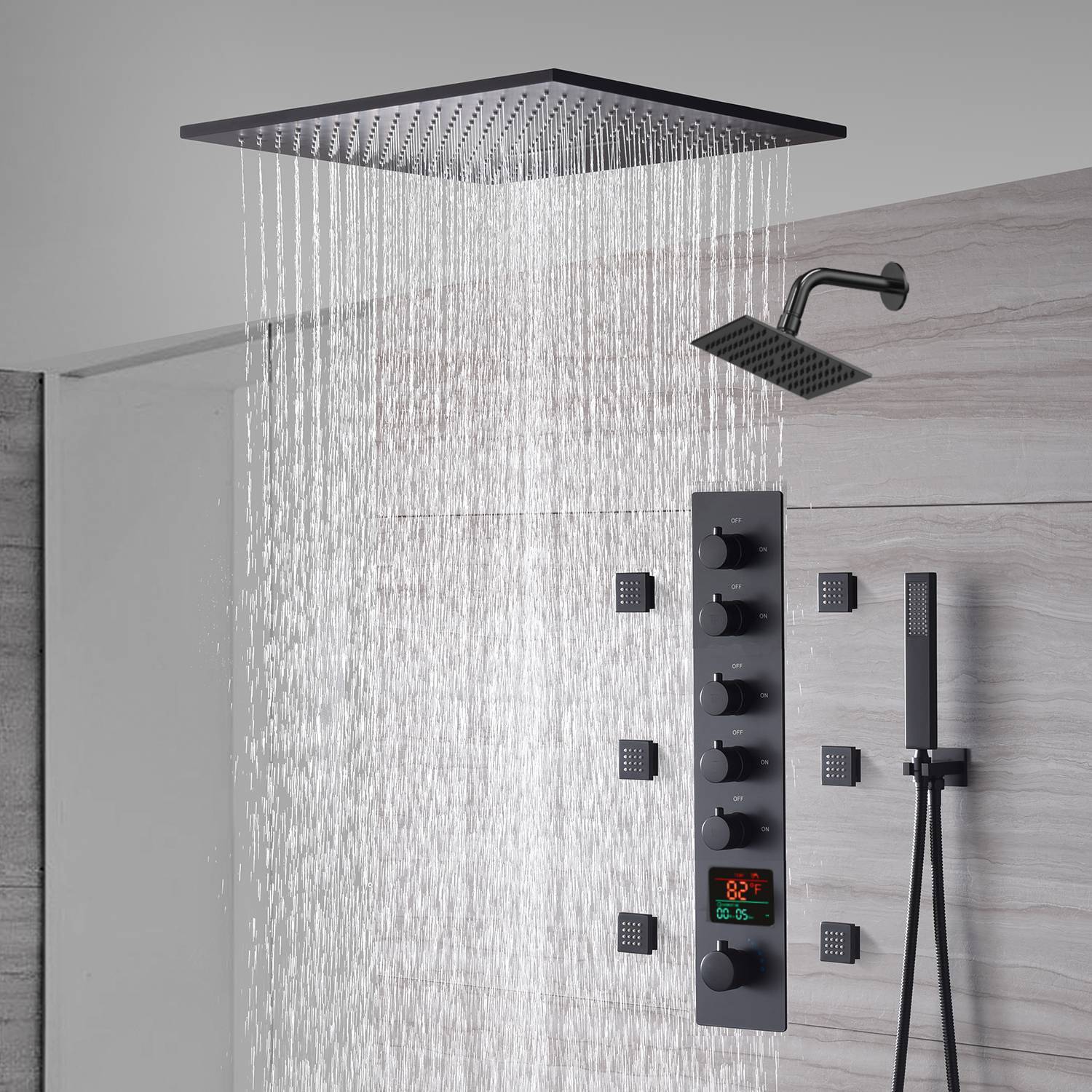 20-Inch or 24-Inch Matte Black Flush or Ceiling Mount Rainfall Waterfall Shower System: Complete with 5-Way Thermostatic Valve and 6 Body Jets and Regular Head - Image 15