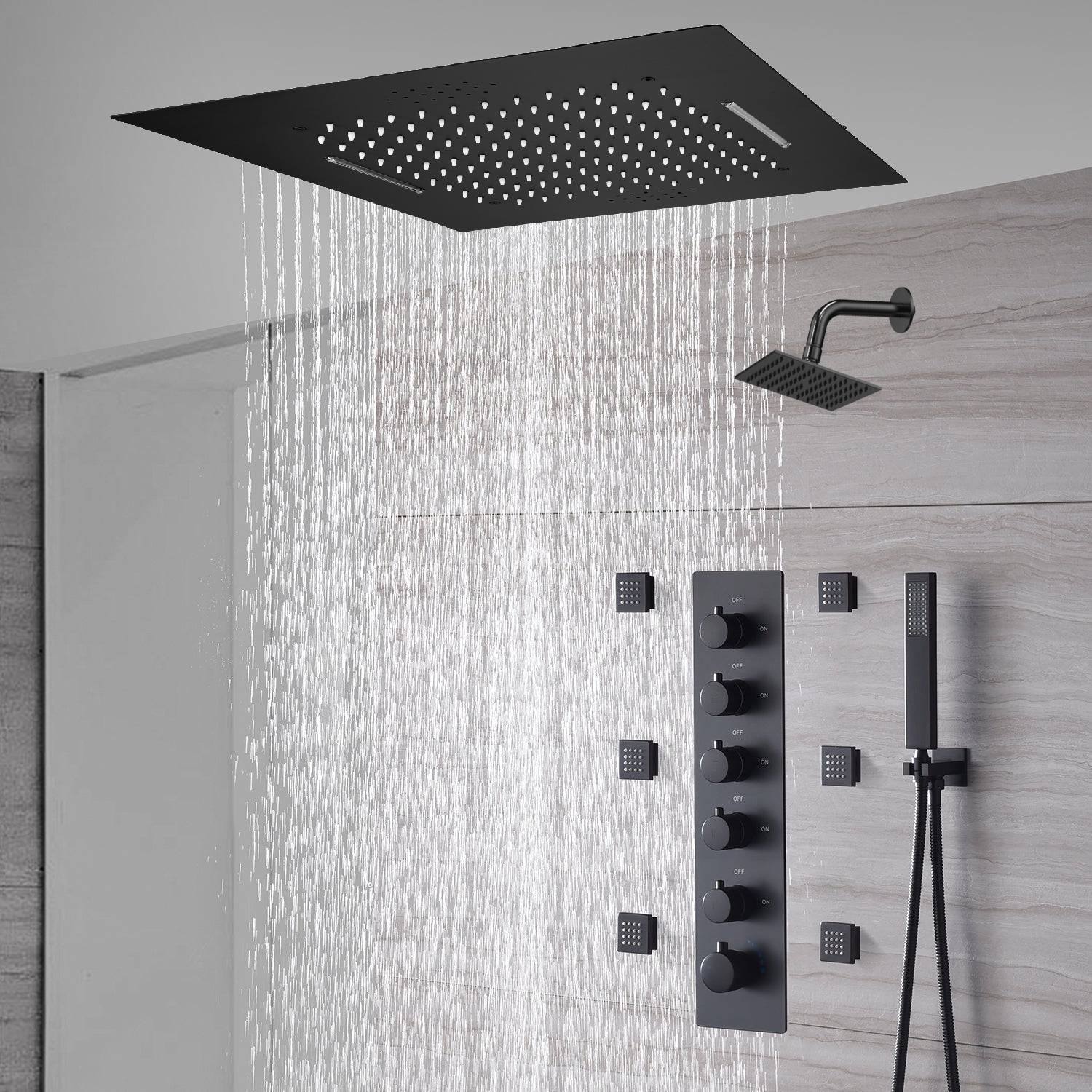 20-Inch or 24-Inch Matte Black Flush or Ceiling Mount Rainfall Waterfall Shower System: Complete with 5-Way Thermostatic Valve and 6 Body Jets and Regular Head - Image 2