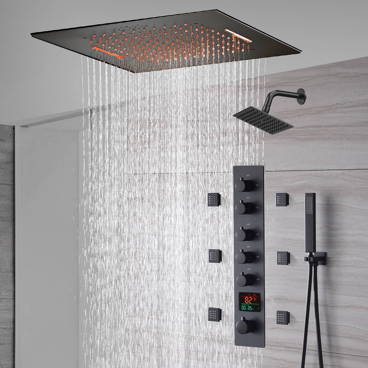 20-Inch or 24-Inch Matte Black Flush or Ceiling Mount Rainfall Waterfall Shower System: Complete with 5-Way Thermostatic Valve and 6 Body Jets and Regular Head - Image 3