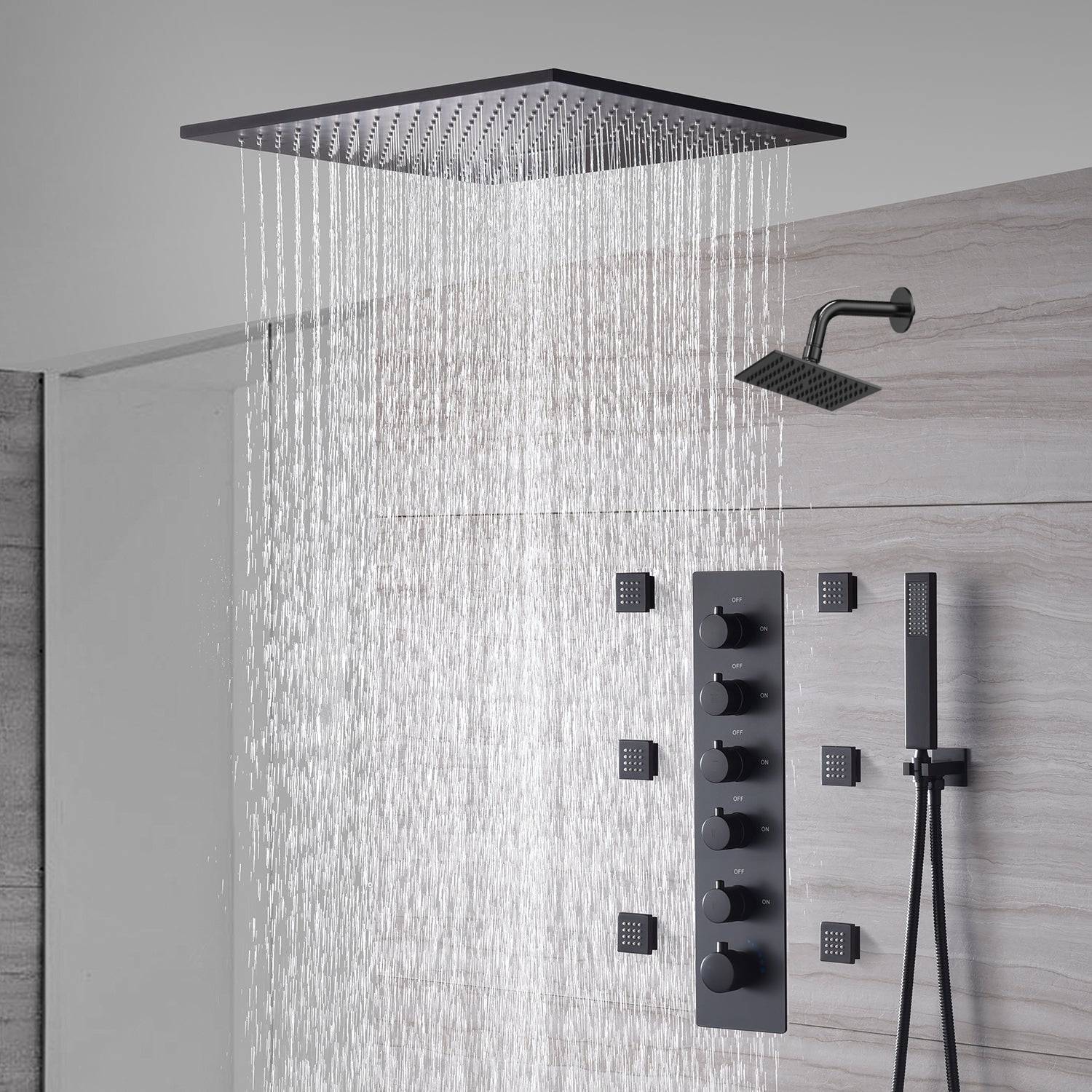 20-Inch or 24-Inch Matte Black Flush or Ceiling Mount Rainfall Waterfall Shower System: Complete with 5-Way Thermostatic Valve and 6 Body Jets and Regular Head - Image 4