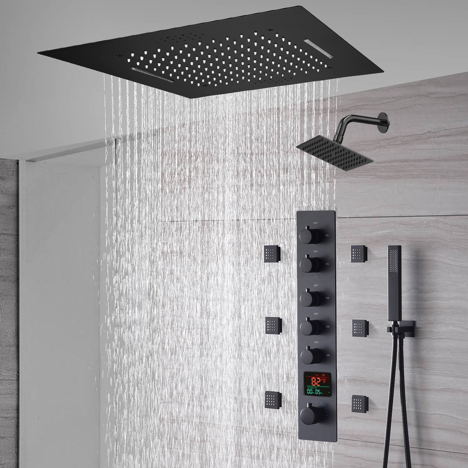 20-Inch or 24-Inch Matte Black Flush or Ceiling Mount Rainfall Waterfall Shower System: Complete with 5-Way Thermostatic Valve and 6 Body Jets and Regular Head - Image 6