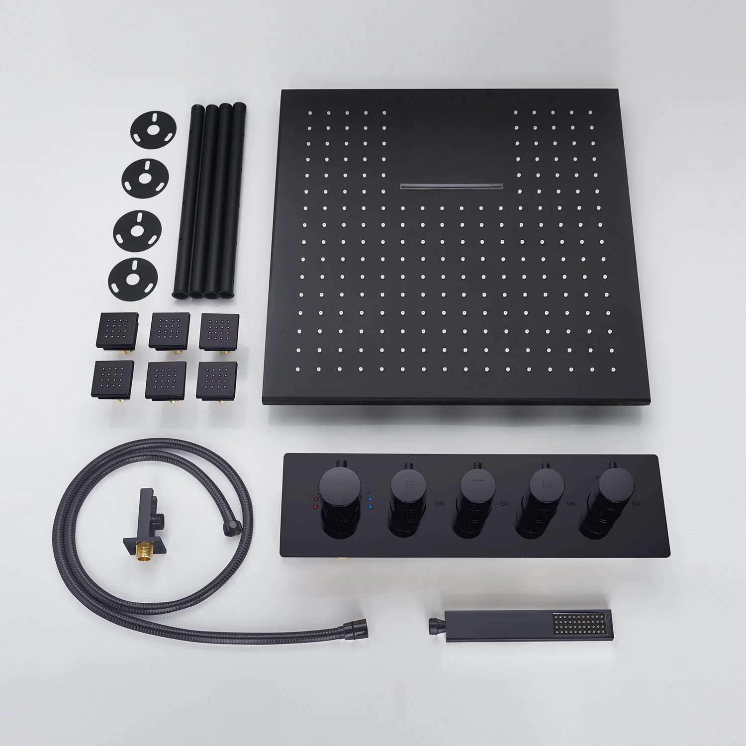 20-Inch or 24-Inch Matte Black Flush or Ceiling Mount Rainfall Waterfall Shower System: Complete with 5-Way Thermostatic Valve and 6 Body Jets and Regular Head - Image 9