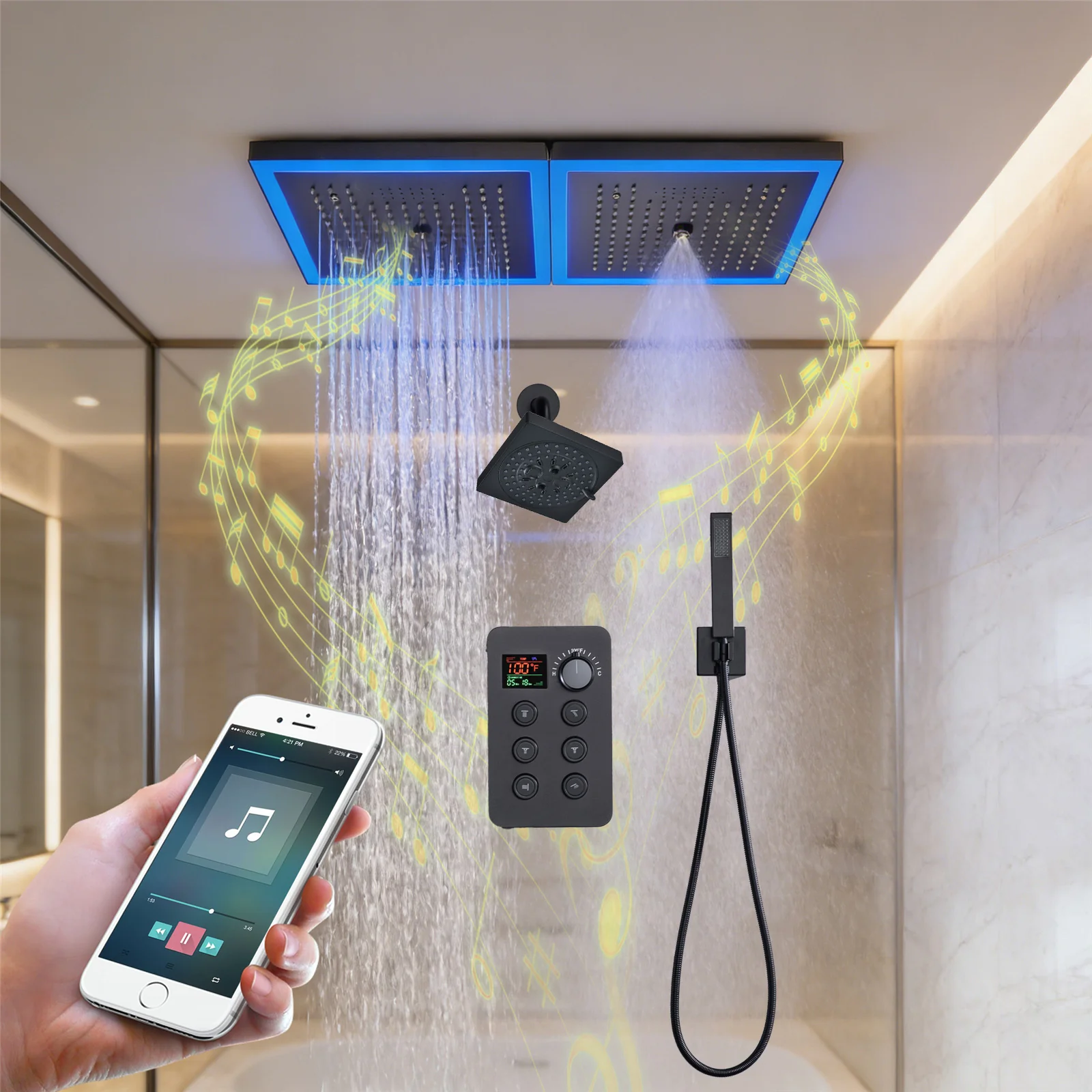 24 x 12 inch rainfall mist 64 led light bluetooth music shower head 6 way shower faucet with regular head and handle wand - Image 2