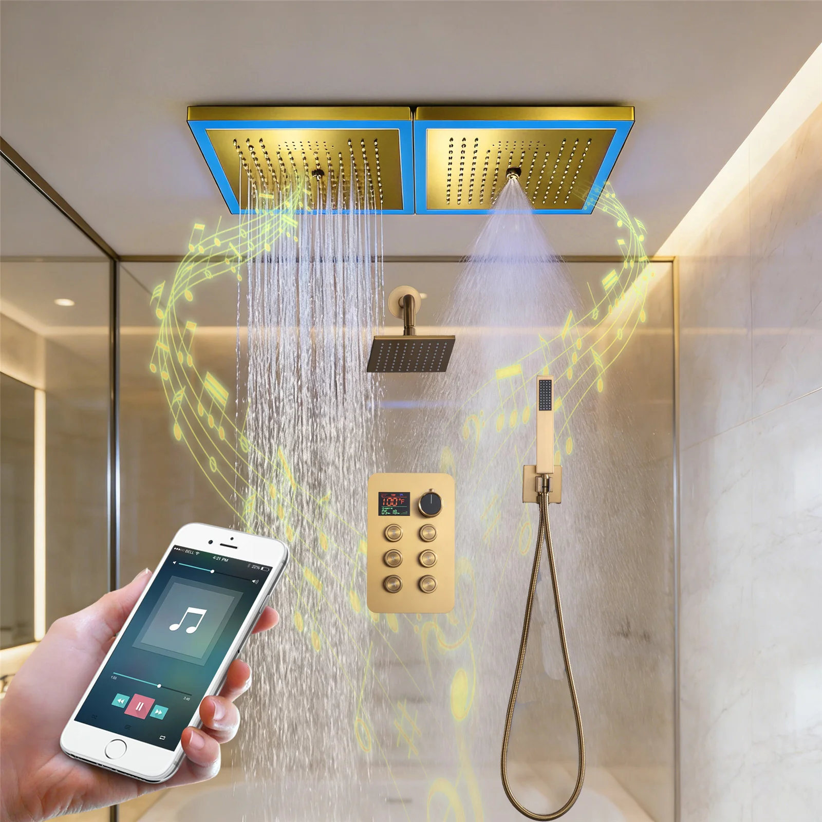 24 x 12 inch rainfall mist 64 led light bluetooth music shower head 6 way shower faucet with regular head and handle wand - Image 3